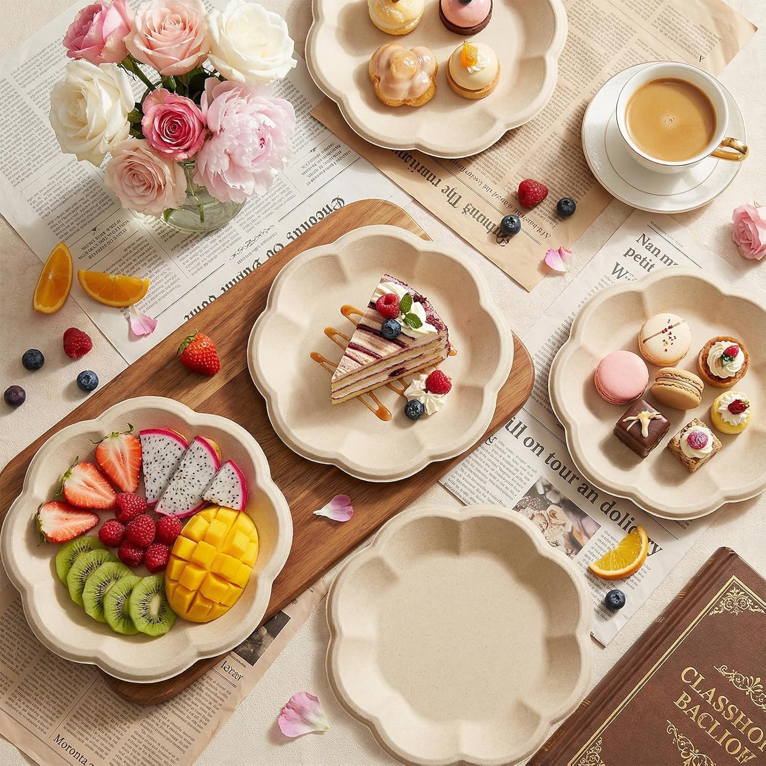 WELLIFE Dessert Plates 9 inch Paper Plates Disposable 100 Pack Scalloped Paper Plates Heavy Duty Compostable Bagasse Birthday Party Supplies Dinner Plates for Wedding Tea Party