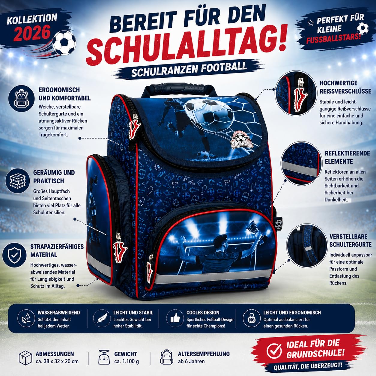 Goldkids - Schulranzen für Jungen, 4er-Set - Schul-Rucksack für Kinder mit Federmäppchen - Schuhbeutel und Hausaufgabenheft - Fußball Motiv - 1-3 Klasse