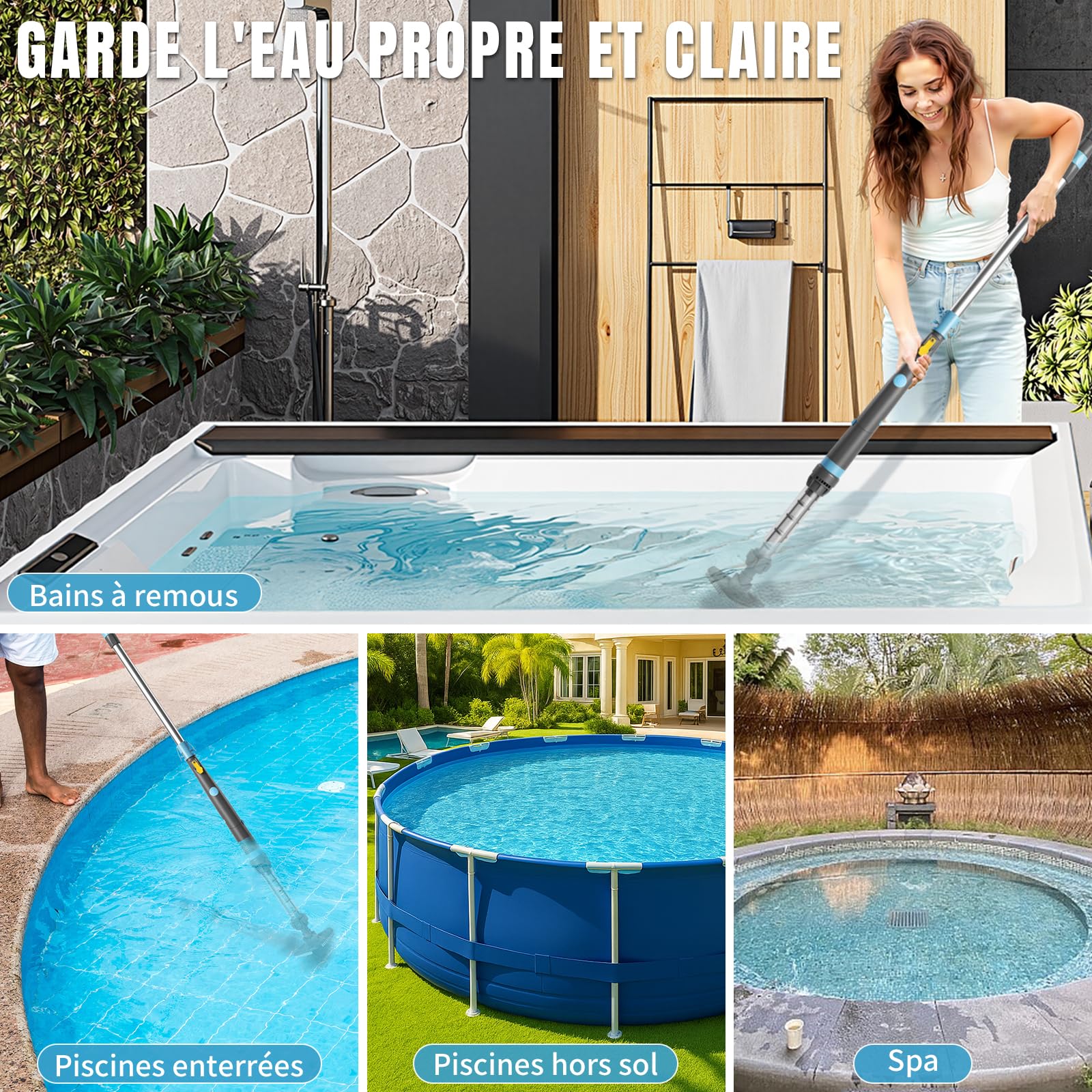 LEADZM Aspirateur Piscine Batterie sans Fil 4000mAh, Aspirateur Piscine Hors Sol pour Spa, 60 Min Autonomie, 260x18x9,5 cm (Bleu)