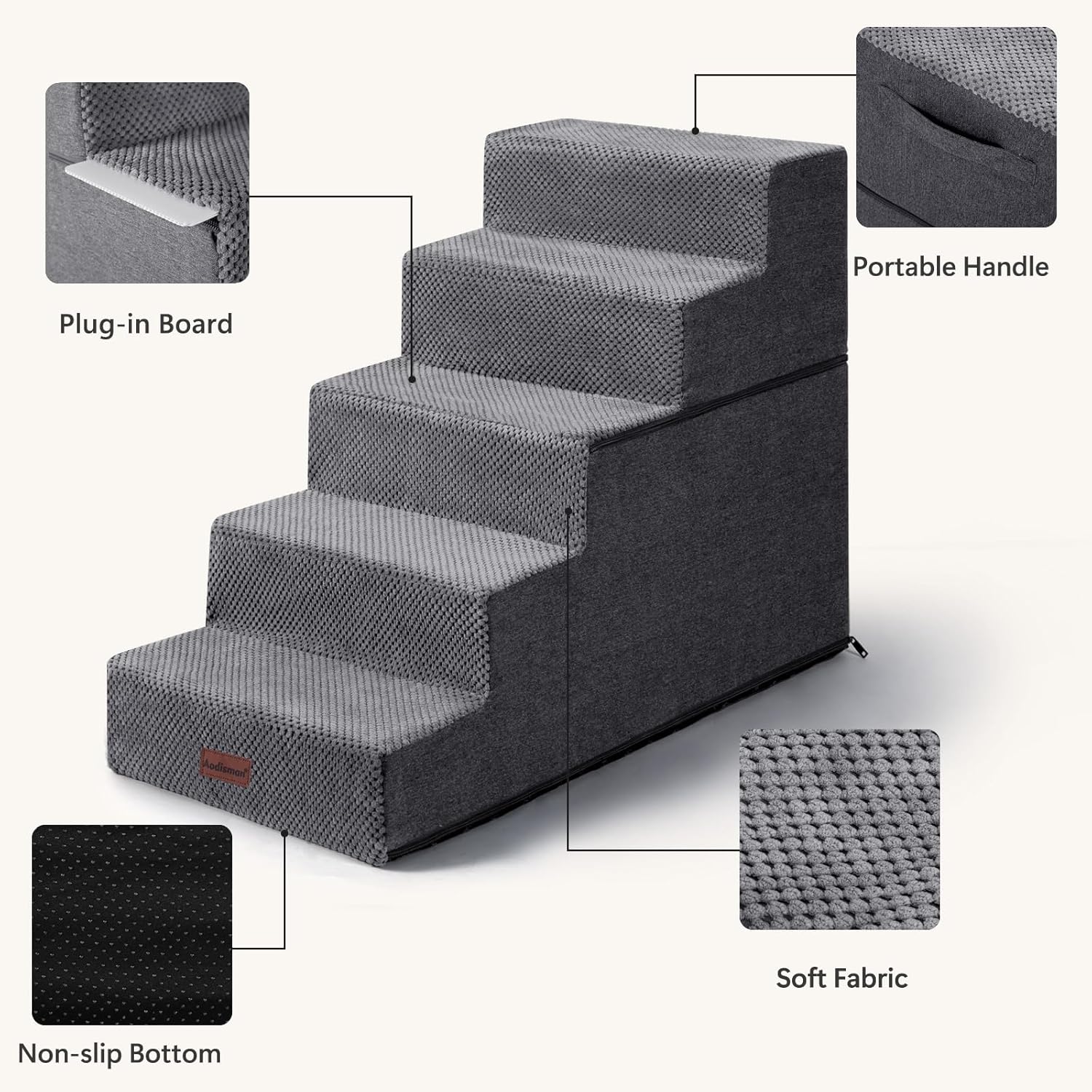 Aodisman Pet Stairs for High Bed, 5-Step Dog Stairs for Small Dogs, Indoor Non-Slip Dog Steps for Old Cats, Puppy, Small Medium Dogs,22.6" H,Gery