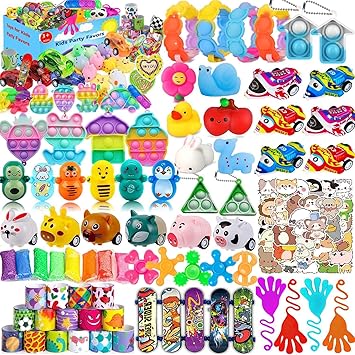 124 Pcs Party Favors for Kids 4-8-12, Pop Fidget Treasure Box Toys, Goodie Bag Fillers, Pinata Stuffers, Treasure Chest, Carnival Prizes, Prize Box Toys for Kids Classroom