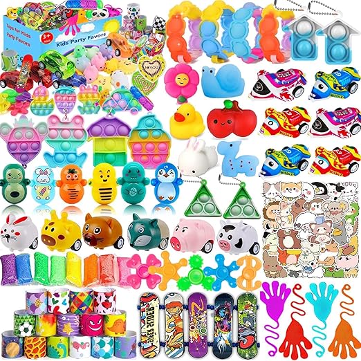 124 Pcs Party Favors for Kids 4-8-12, Pop Fidget Treasure Box Toys, Goodie Bag Fillers, Pinata Stuffers, Treasure Chest, Carnival Prizes, Prize Box Toys for Kids Classroom