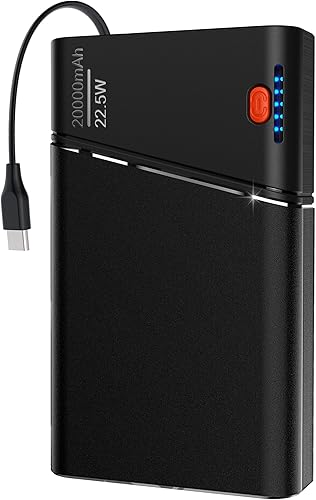 Cargador Portátil Banco de Energía, 20000mAh 22.5W PD Carga Súper Rápida con Cable USB C Integrado de Entrada y Salida, Batería Externa para