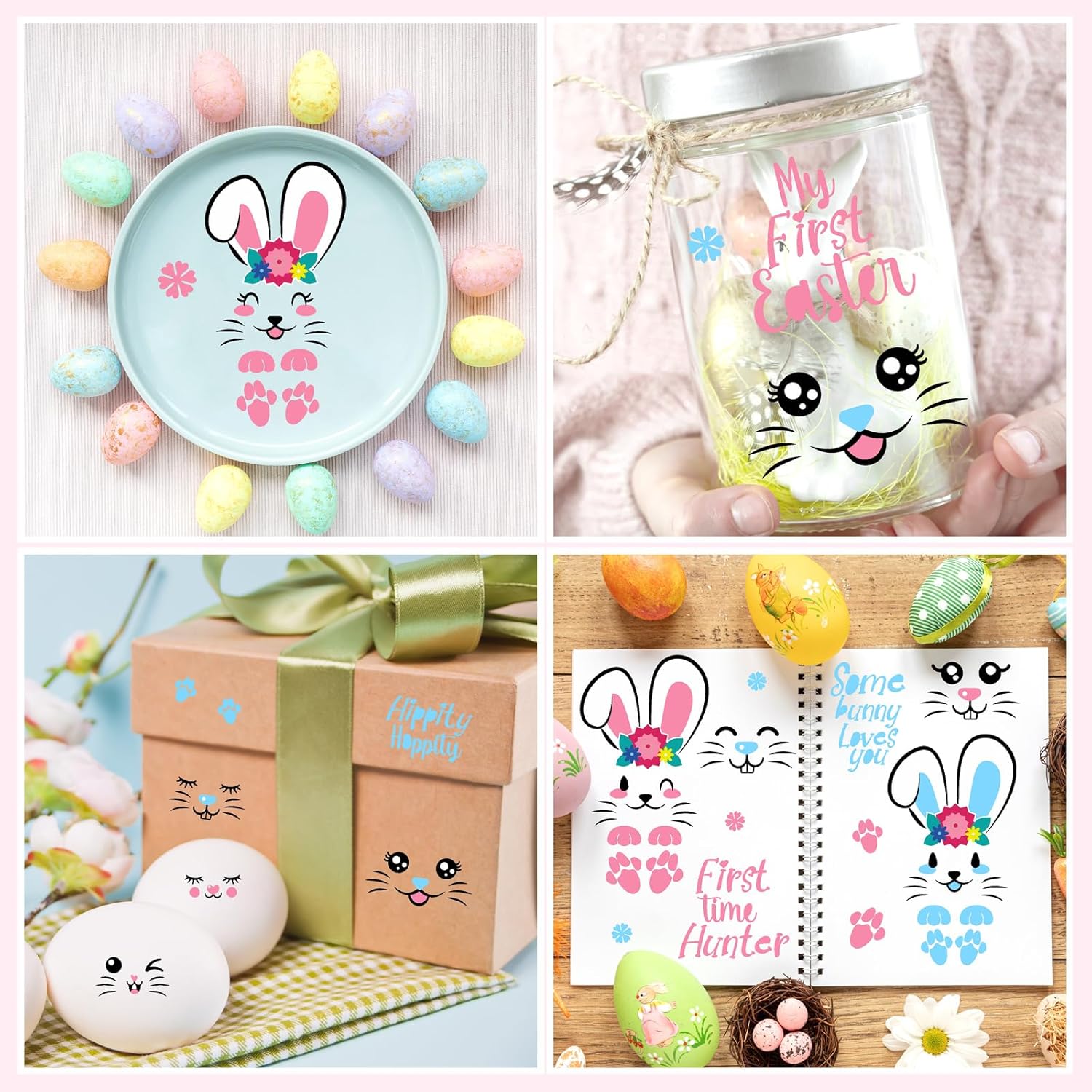 Easter Bunny Face Decals Happy Easter Quotes Sticker Spring Holiday Party Decoration Supplies DIY Bunny Faces Stickers Vinyl Face Decals for Crafts Glass Water Bottle Cup