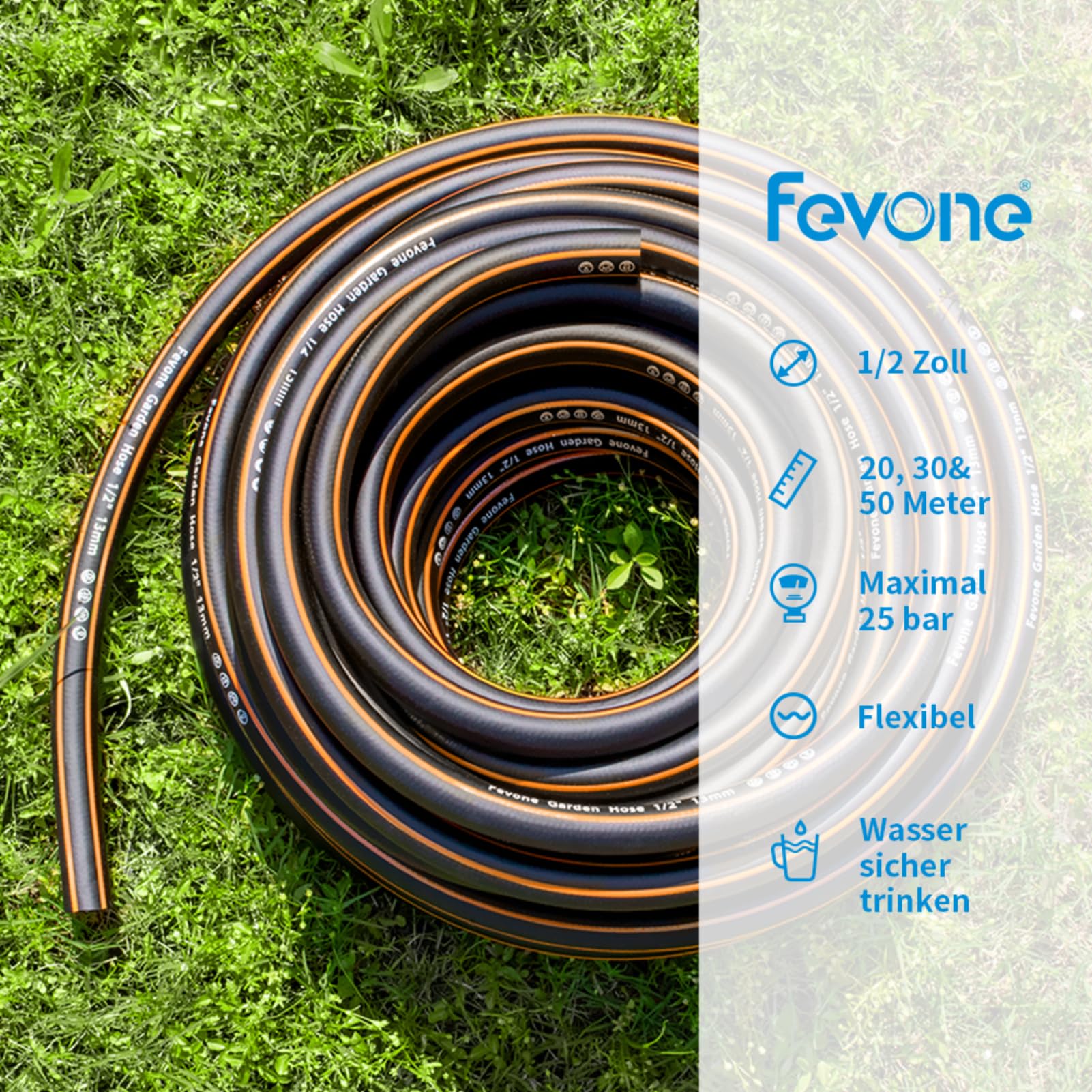 Fevone Gartenschlauch 30m 1/2 Zoll (13mm) Schlauchrohre für Garten 4ly 25 Bar Hochbelastbar Tragbar Außen Kompressor Schlauchleitung Flexibel Robust Gurtbar Schwarz/Orange mit Zubehör