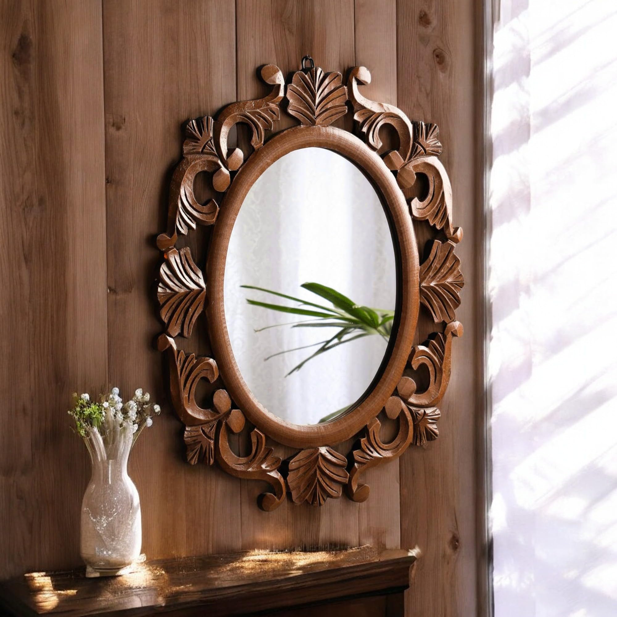 THE URBAN STORE Wall Mirror Wooden Walnut Color 24"x20" Pack of One Victorian Style Elegantly Hand Crafted Floral Carving Mirror for Home and Office Décor TUSMR09