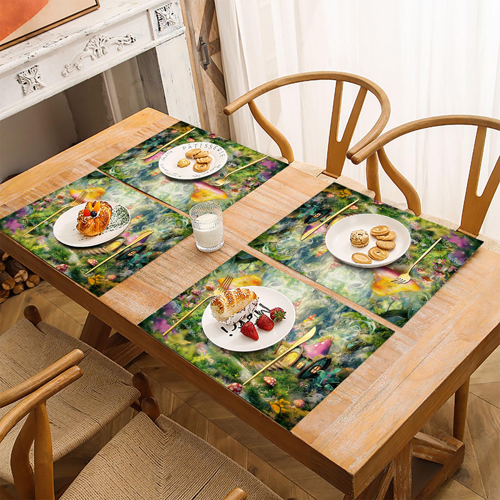 Set Di 8 Tovagliette Lavabili Casa Fungo Dei Cartoni Animati Tovaglietta Con Foresta Fantasy Resistenti Al Calore, Sottopiatti Verde Smeraldo Facile Pulizia Antiscivolo Per Tavolo Da Cucina, 45X30Cm