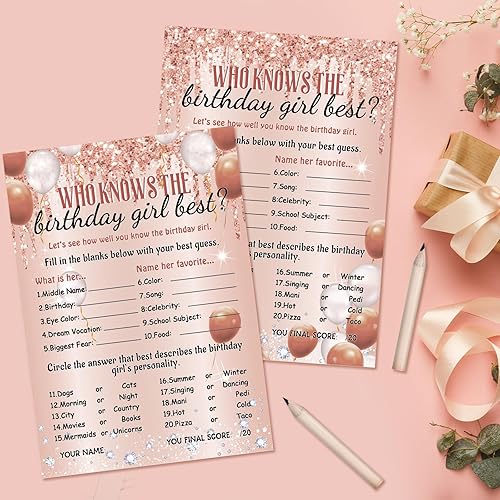 Miniatura 4 de Who Knows The Birthday Girl - Juego de 50 tarjetas de cumpleaños con chispas de oro rosa con 10 lápices prepuntiagudos para adolescentes y niñas,