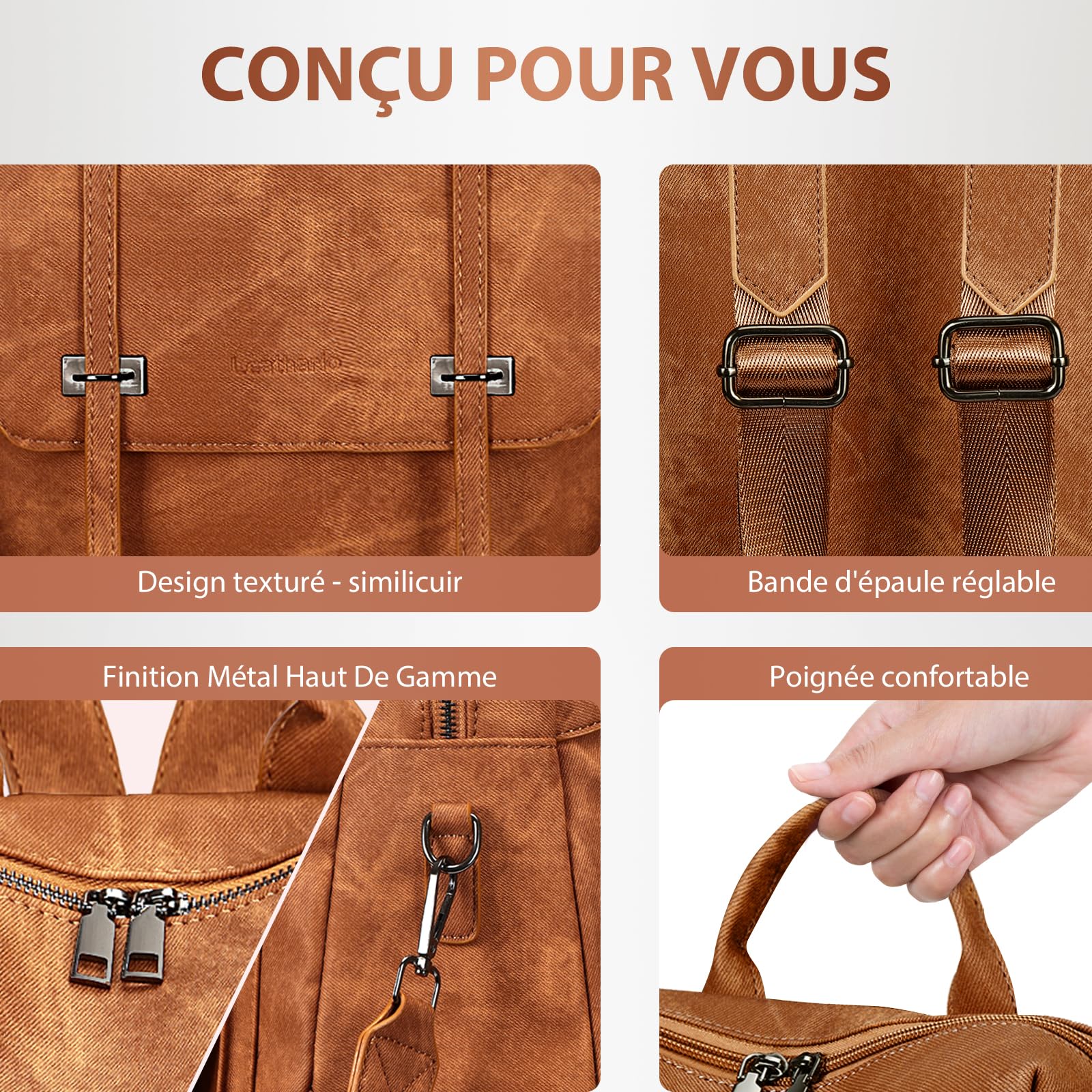 Leathario Sac a Dos Antivol Femme en Cuir Vegan, Sacs à Main Portés Dos Imperméable Elegant Leger, Backpack pour Voyage L'école Travail Université Collège Shopping