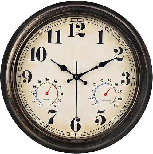 Miniatura 7 de zyzamay reloj de pared vintage verde para interior/exterior de 16 pulgadas con termómetro y higrómetro y resistente al agua, números grandes y 16''