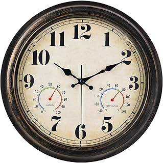 zyzamay 13 Inch Outdoor Clock with Thermometer and Hygrometer, Waterproof and Silent, Large Easy-to-Read Numbers, Ideal for Bedroom,Office,Living Room,Porch,Garden,Pool(BlackGold)