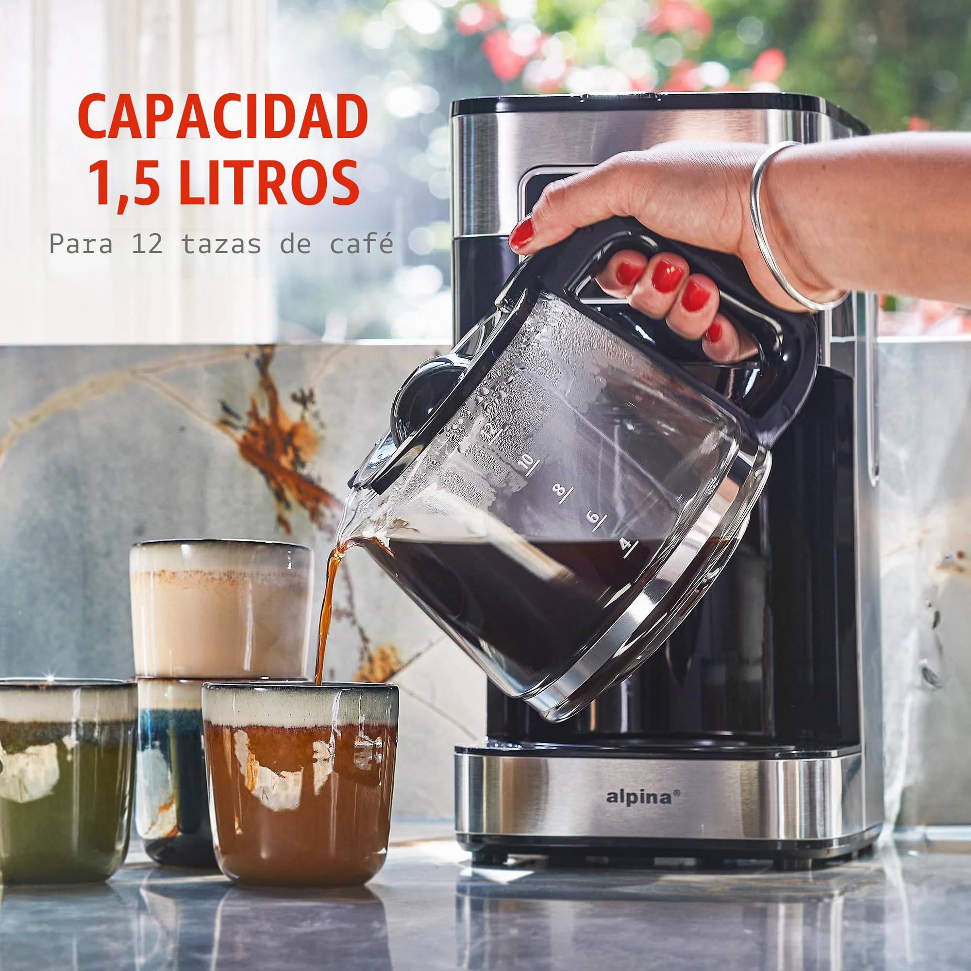 alpina Cafetera de Filtro - Máquina de Café 1.5L/ 12 Tazas de Café de Filtro - Cafetera con Pantalla Digital, Temporizador y Placa Calefactora - Intensidad del Café Ajustable - Negro