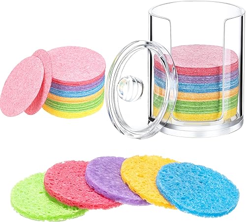 Geiserailie 50 esponjas faciales naturales comprimidas, esponja limpiadora facial suave, esponja cosmética reutilizable con tarro de almacenamiento
