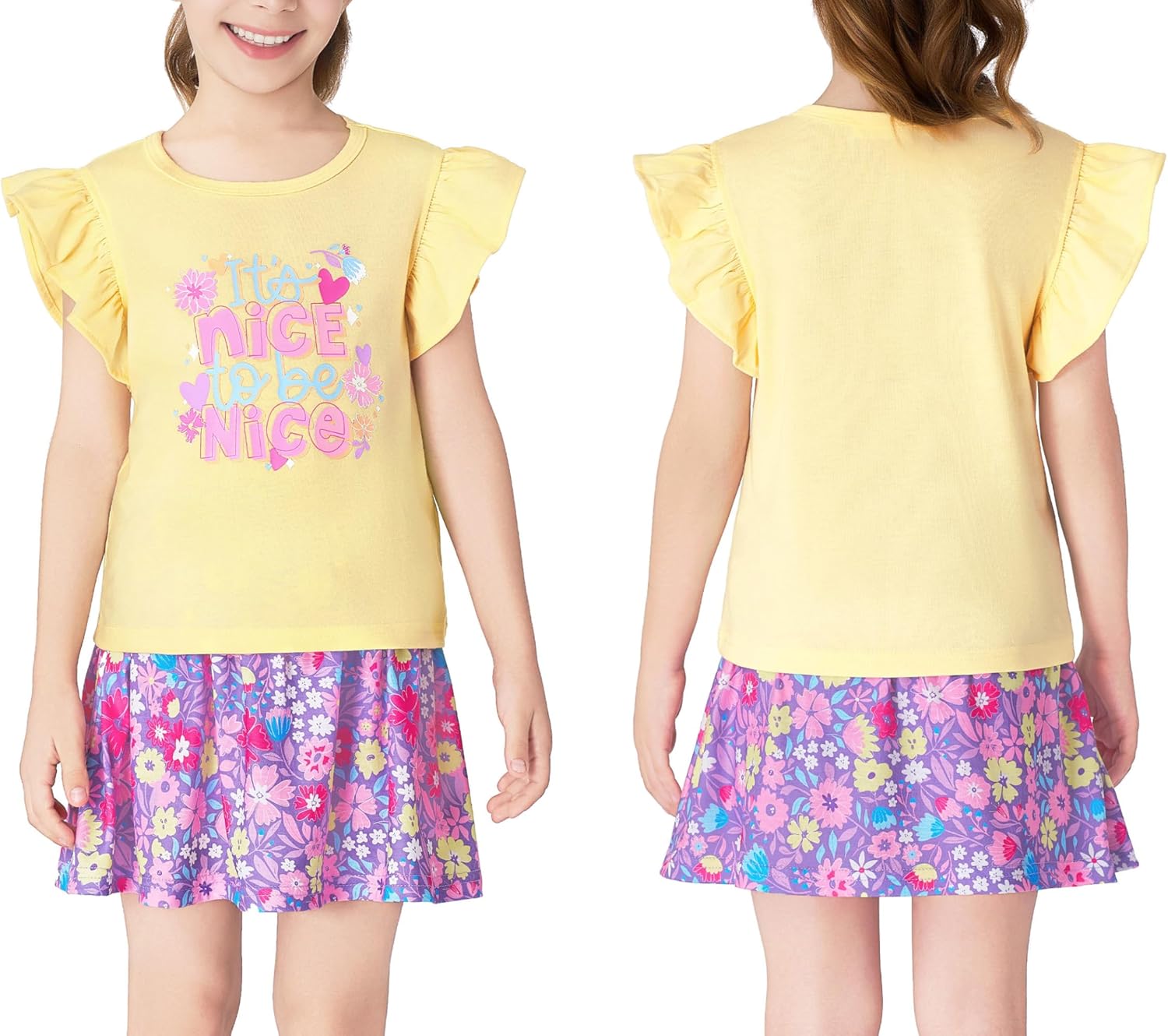 Toddler Girls 2-Piece Skirt Set - Ruffled Top & Ditsy Floral Print Skort Outfits for Little Girls Size 2T-8 - Image 2