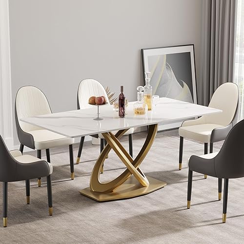 Juego de mesa de comedor moderno de mármol, mesa de comedor de piedra sinterizada de 71 pulgadas y 6 sillas de comedor, mesa de mármol sintético y