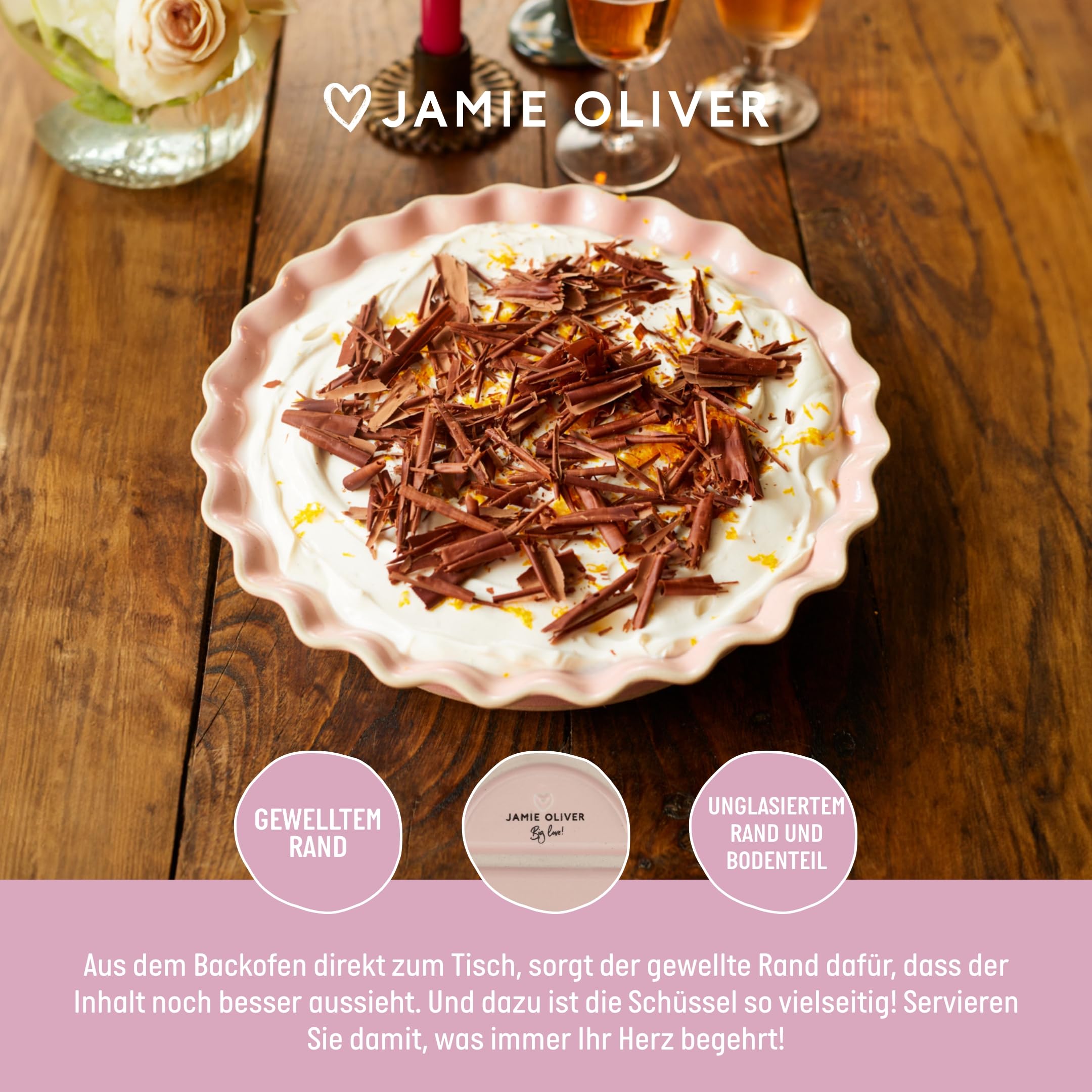 Jamie Oliver Big Love Richtige Kuchenform, Runde Steingut-Backform mit Wellenkanten, spülmaschinen- und mikrowellengeeignet, Rosa, 28x6cm