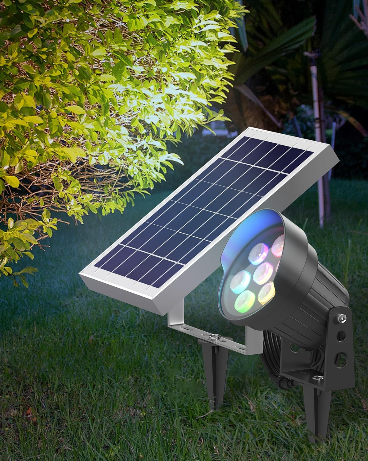 Ofuray Solar Spot Lights Outdoor, RGB Color Changing with 8 Lighting Modes, IP67 Waterproof Landscape Lights 9.8ft Cable, 5200mAh Power Dusk to Dawn Solar Spotlights for Flag, Garden & Outdoor Décor