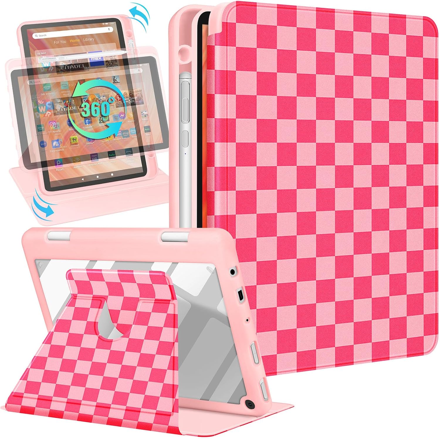 Kidcube for Kindle Fire HD 10/10 Plus Tablet Case - 13th/11th Generation (2023/2021) 10.1" Women Girls Cute Girly Kawaii Design Rotating Stand Pencil Holder Folio Cases for Amazon Fire HD 10/10 Plus