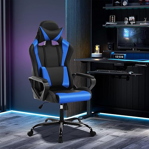 Silla de juegos azul  Silla de escritorio ergonómica con respaldo alto estilo carreras con soporte lumbar, reposacabezas y brazos - Silla de