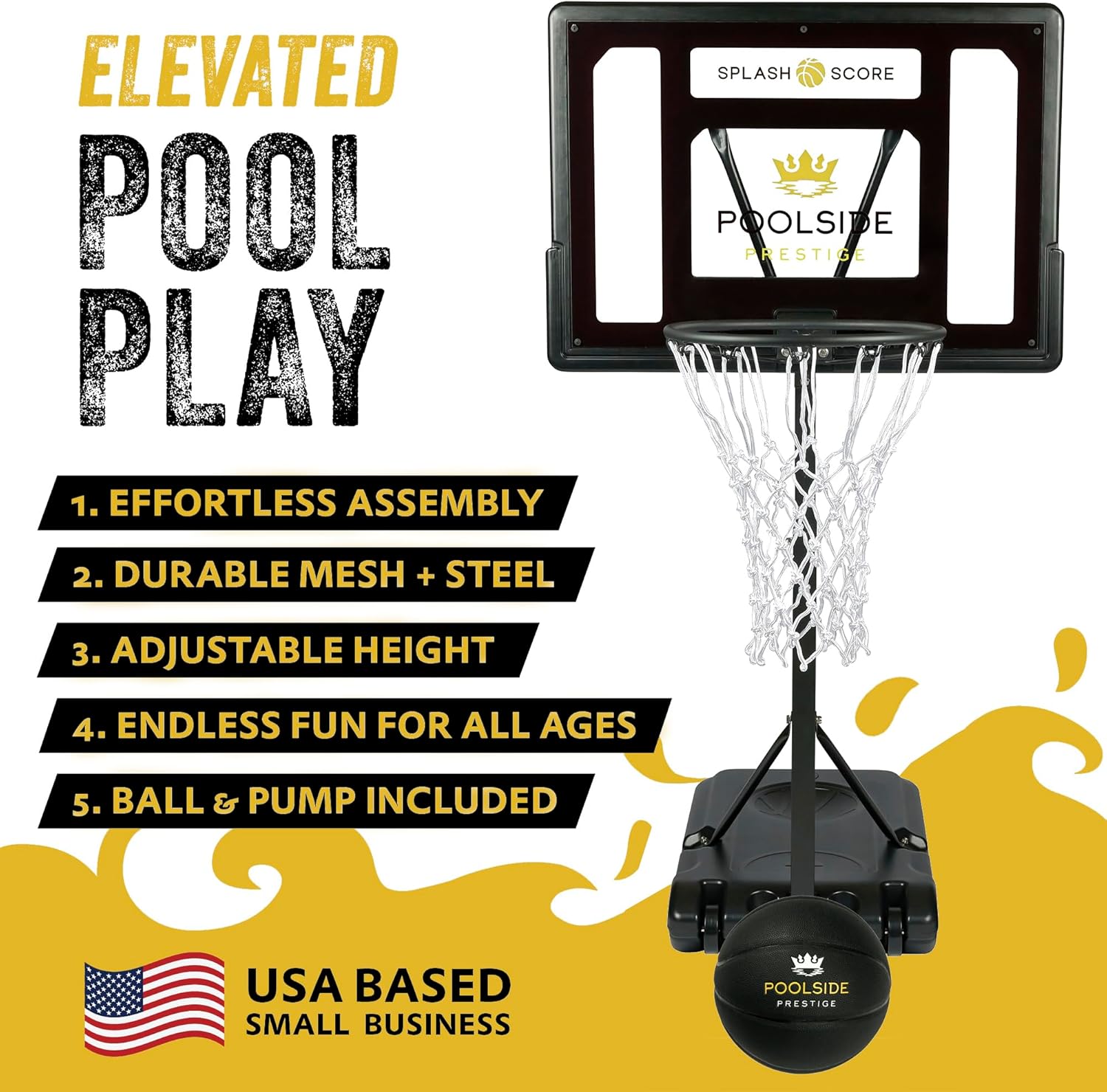 35"-48" Adjustable Swimming Pool Basketball Hoop - Poolside Basketball Hoop with Basketball - Black Pool Hoop with Durable Mesh Net That Lasts 4X Longer Than Standard Nets