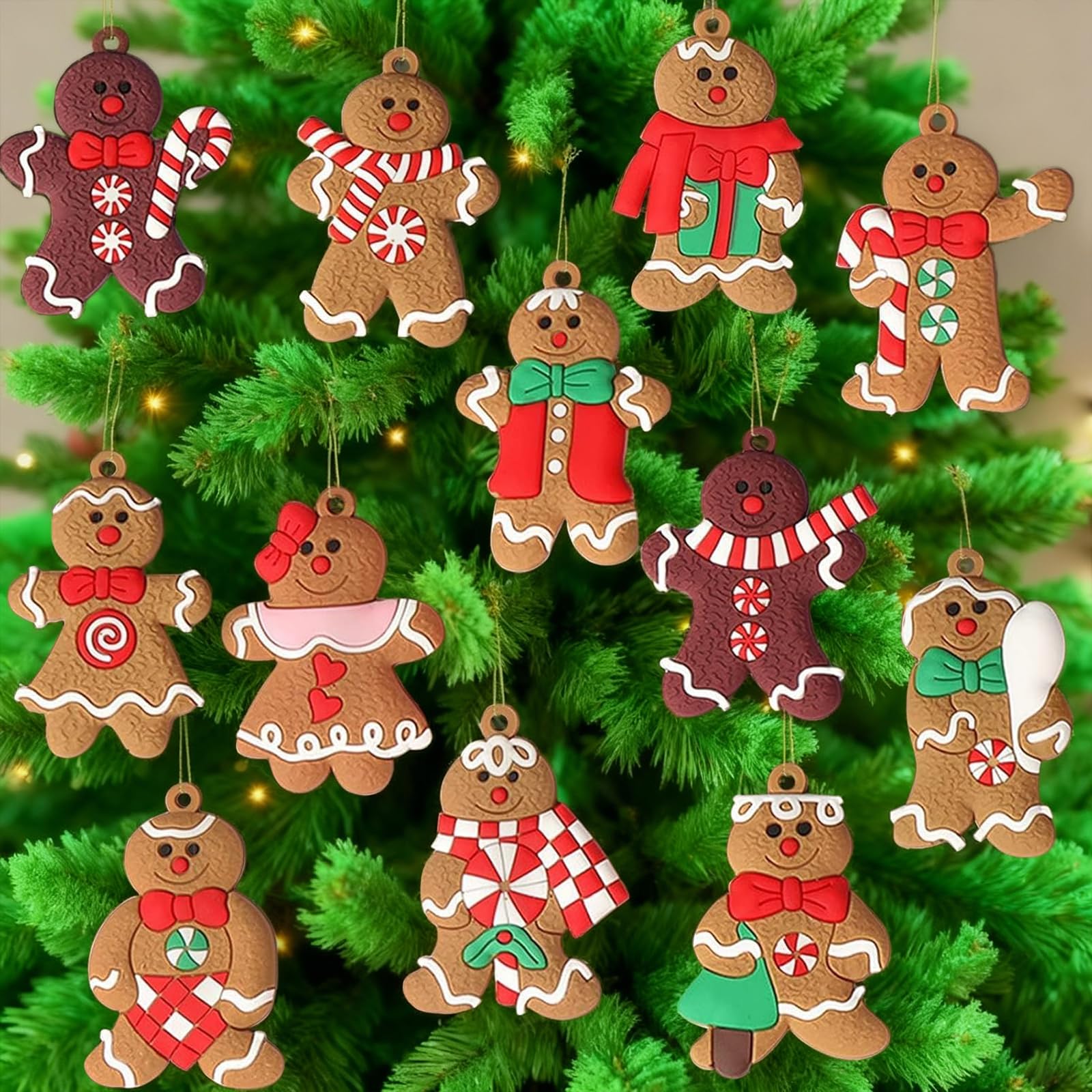 (12pcs Gingerbread) - 12pcs Gingerbread Man Ornaments for Christmas Tree - Assorted Plastic Gingerbread Figurines Ornaments for Christmas Tree Hanging Decorations 3" Tall