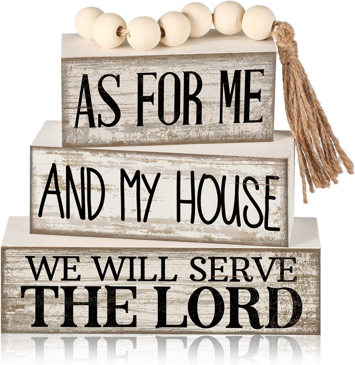 Yuntau 4 Pcs Farmhouse Bible Verse Decor Farmhouse Tiered Tray Decor Rustic Retro Wood Bead Garlands for Me and My House We Will Serve the Lord Block Christian Jesus Sign for Home Shelf Mantel