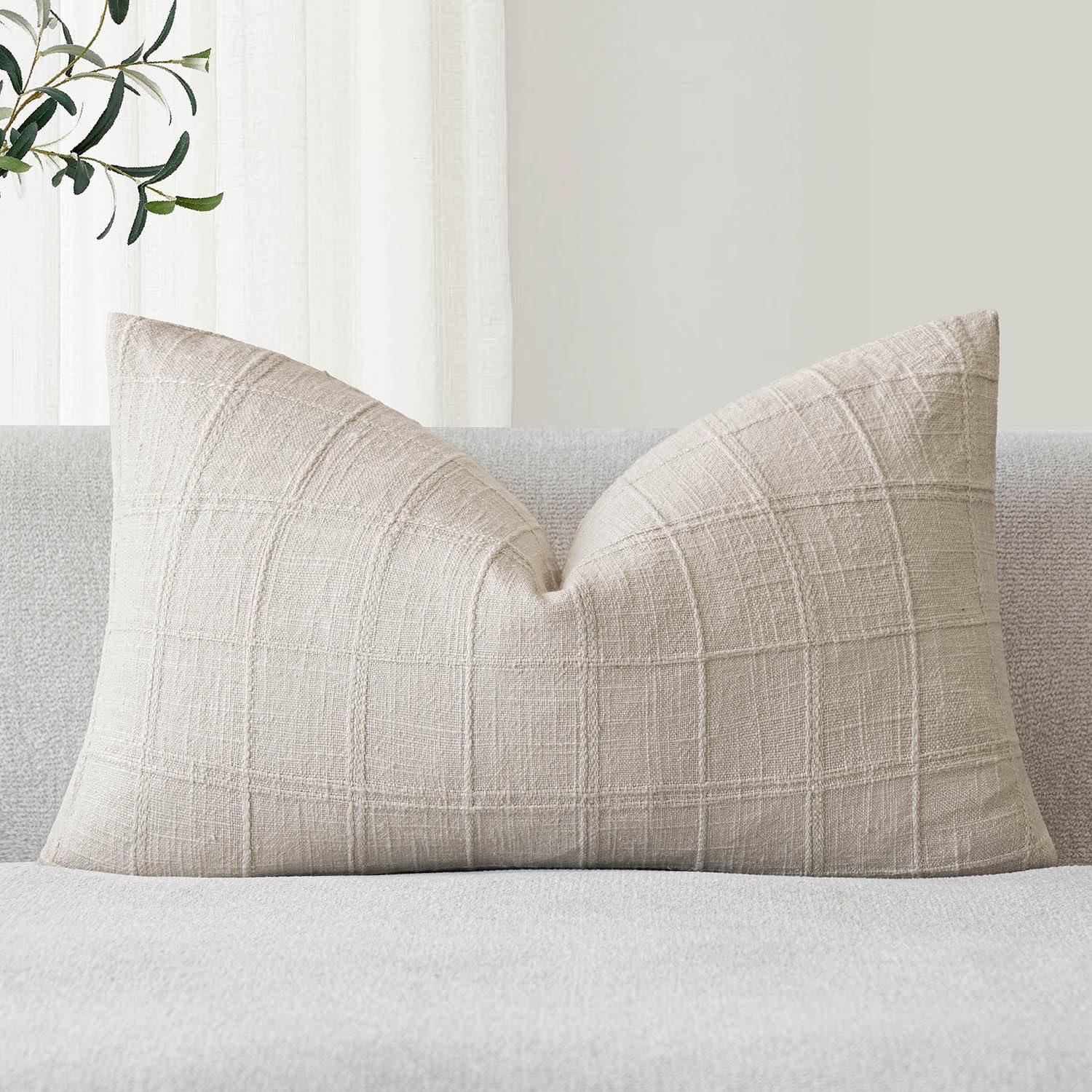 Foindtower Set of 1 Decorative Linen Check Throw Pillow Cover Neutral Farmhouse Lumbar Cushion Cover Modern Boho Home Decor for Sofa Chair Couch Bedroom Living Room,12×20 Inch,Natural Beige