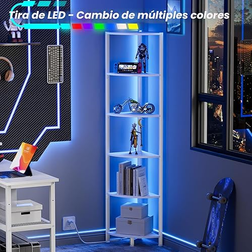 Miniatura 5 de Furnulem Estante esquinero de 6 niveles con luz LED, organizador de estante de pie de 67.5 pulgadas de alto, estantería estrecha blanca con estante