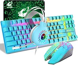 ZIYOU LANG Wireless Gaming Keyboard Mouse and Wired Headphone with Ergonomic 87Key Rainbow Backlight Rechargeable 3800mAh Battery Mechanical Anti-ghosting Mouse pad for PC Laptop Gamer Typist(Blue)