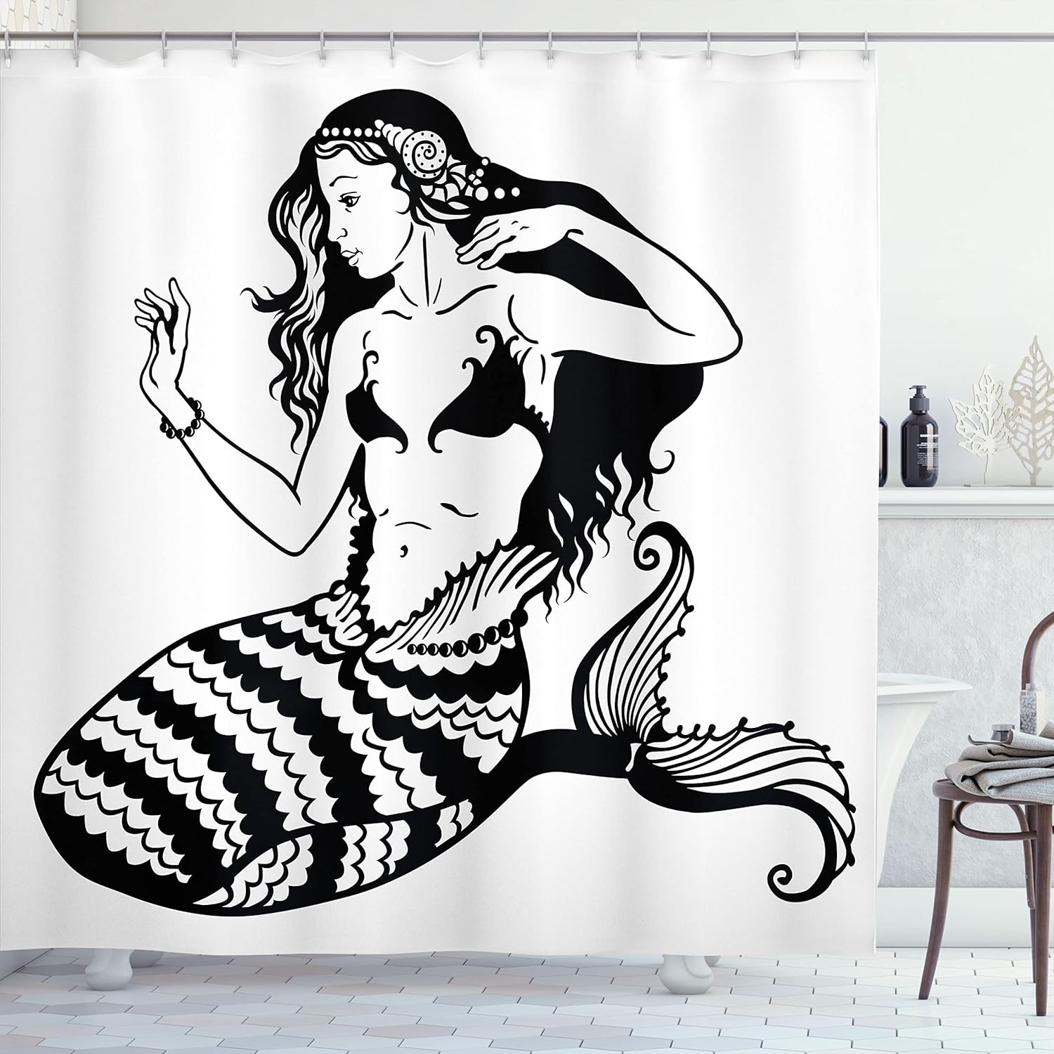 Ambesonne Underwater Shower Curtain, Mermaid Mythological Young Girl Fish Tail Monochrome Classic Style Art, Cloth Fabric Bathroom Decor Set with Hooks, 69" W x 70" L, White and Black