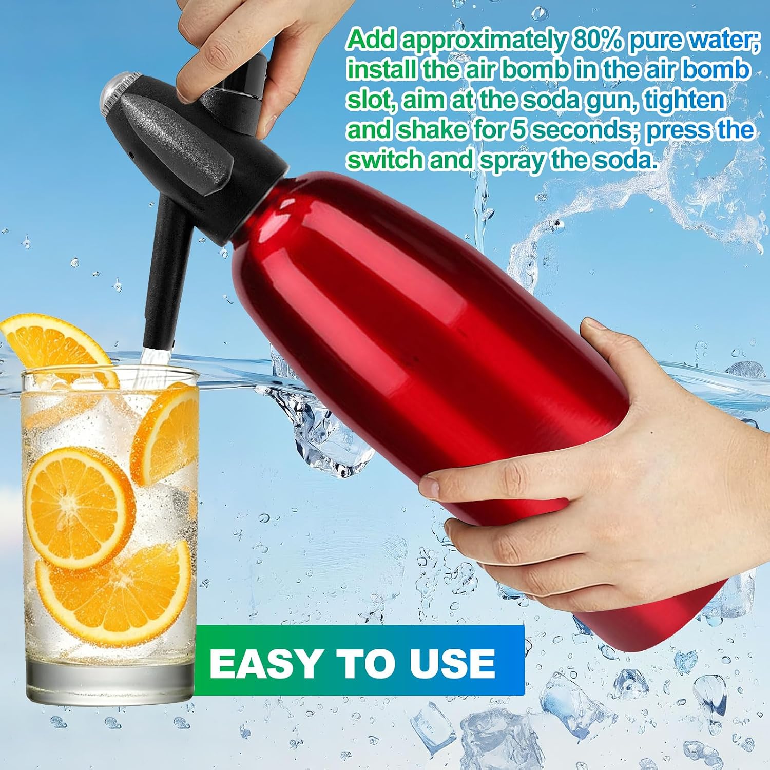 Soda Siphon, 1L Portable Seltzer Maker - Retro-Style Sparkling Water Machine for Homemade Carbonated Drinks, Juices & Cocktails, Uses 8g CO2 Cartridges (Cartridges Not Included) - (Red)