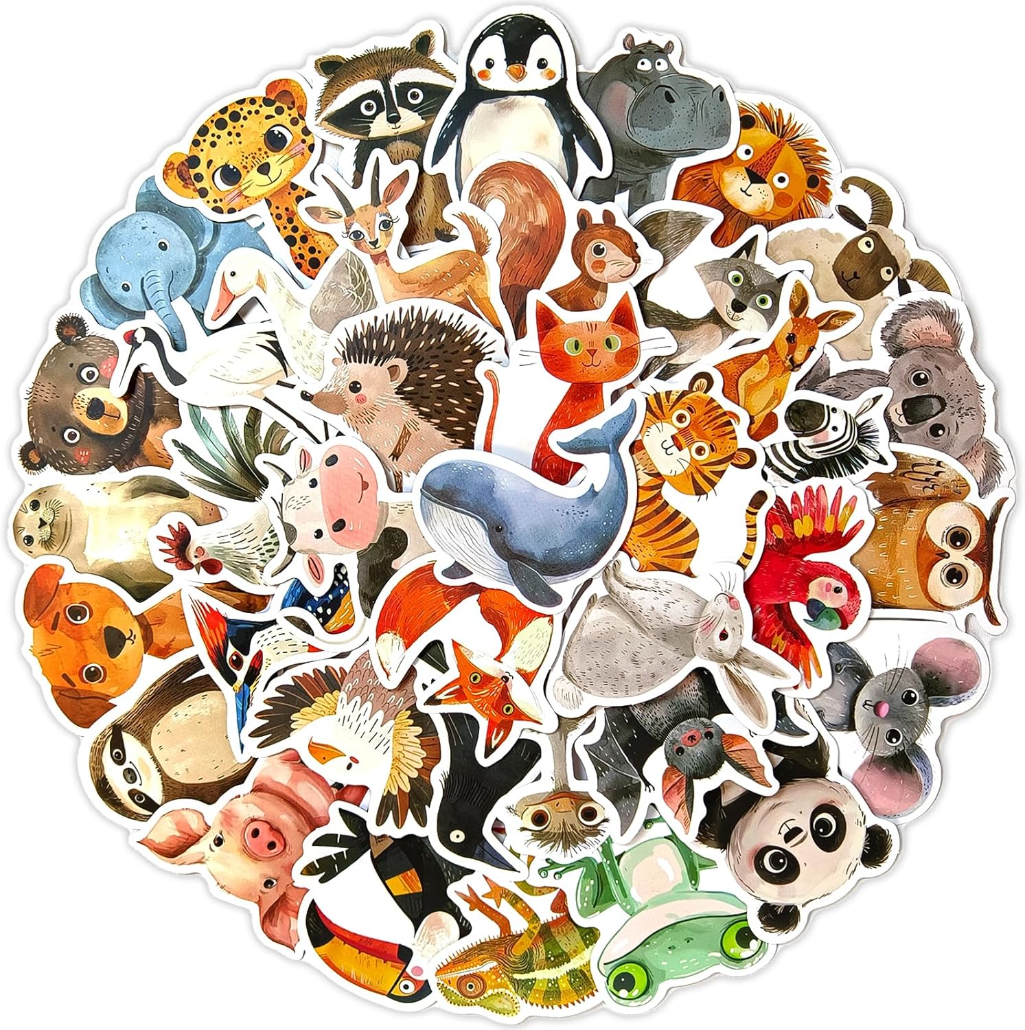 Ychsring Cute Wildlife 50 Pcs Waterproof Vinyl Cartoon Animal Stickers for Water Bottle, Laptop, Phone Case, Cup, Guitar - Wild Animal Stickers for Kids, Teens & Adults