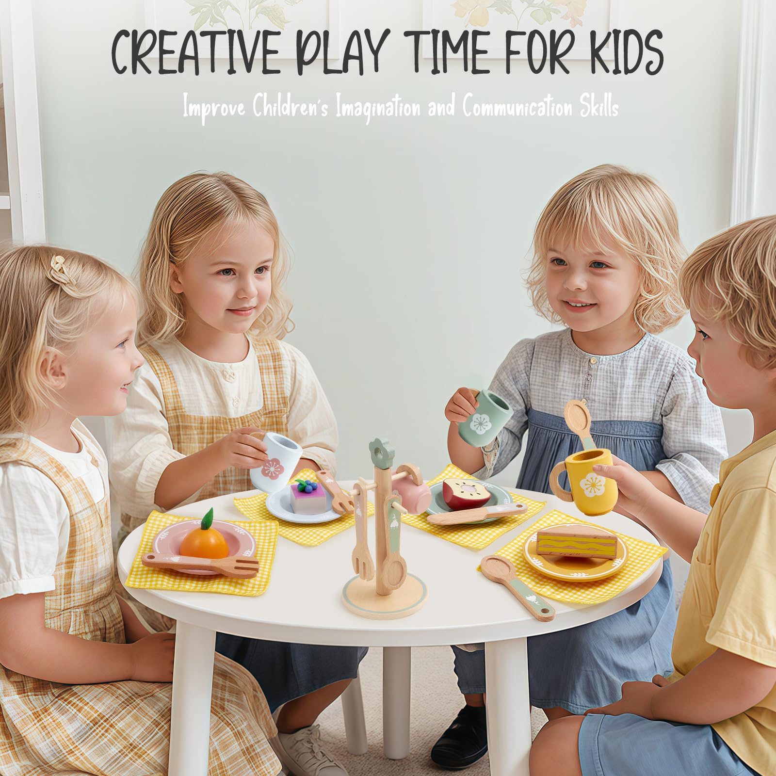 Atoylink Kinderküche Zubehör Holz Geschirr Teeservice Kinder, Geschirrset mit Tassen Teller, Spielküche Zubehör Holz Küchenzubehör Spielzeug Rollenspiel Geschenk für Mädchen Jungen 3 4 5 6 7 8 Jahre