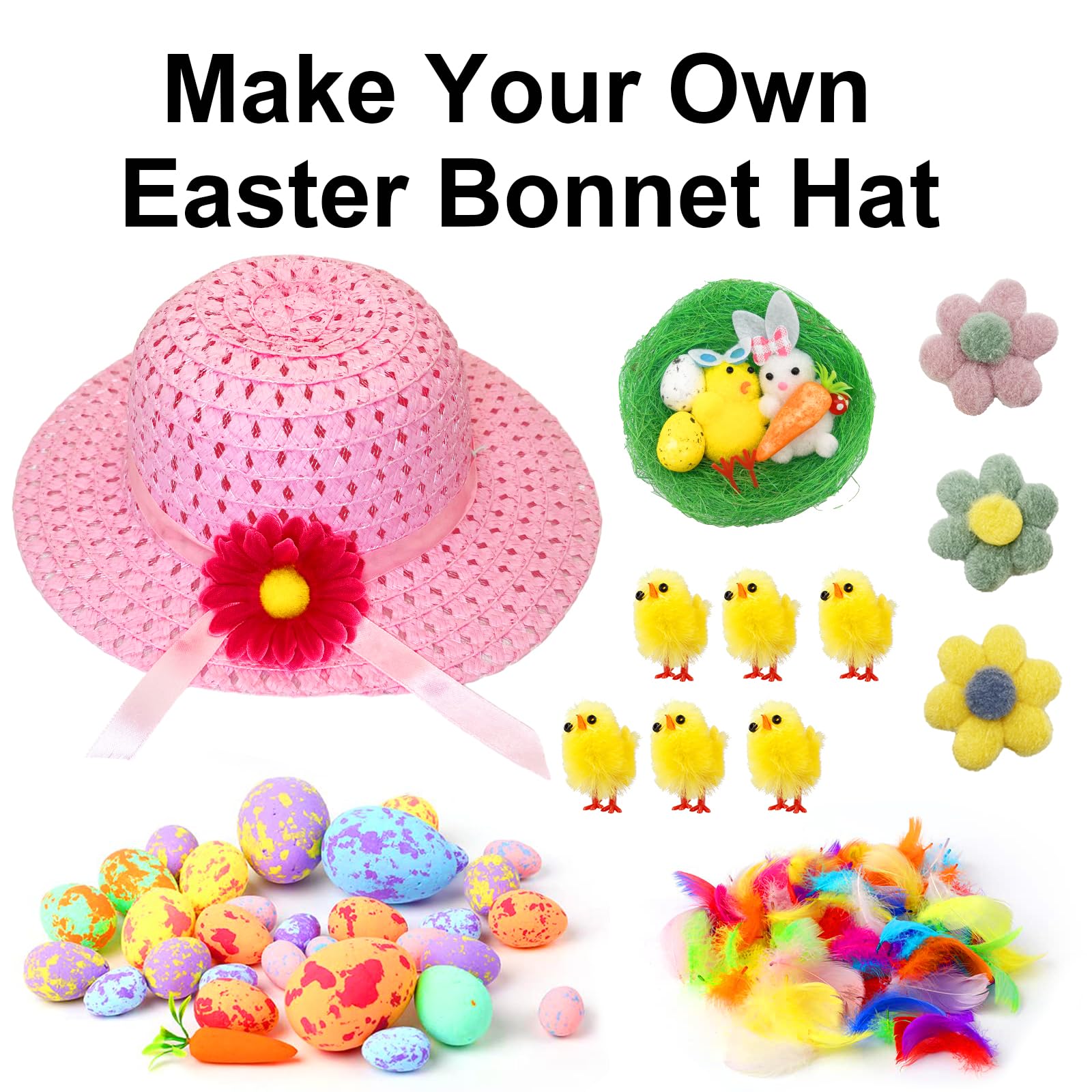 Easter Bonnet Eggs Easter Bonnet Hat Decorating Kit Eggs Chicks Daisy Flowers & Grass Craft Pack | UK Easter Chick