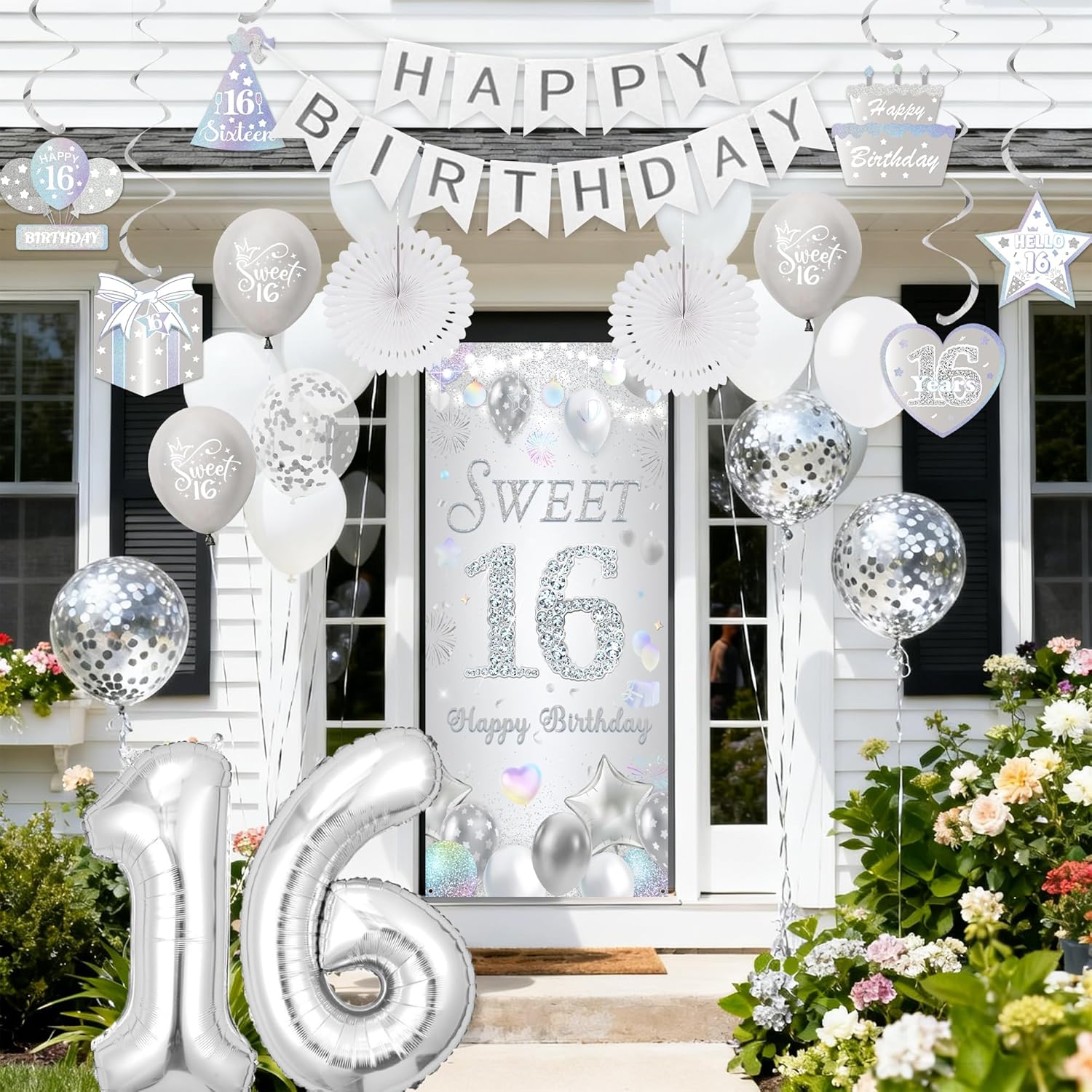 Sweet 16 Party Decorations for Girls - 39pcs Silver 16th Birthday Decor Set Include 16th Balloons Banner Backdrop, Hanging Swirls Cake Topper Paper Fans for Age 16 Bday - Image 6