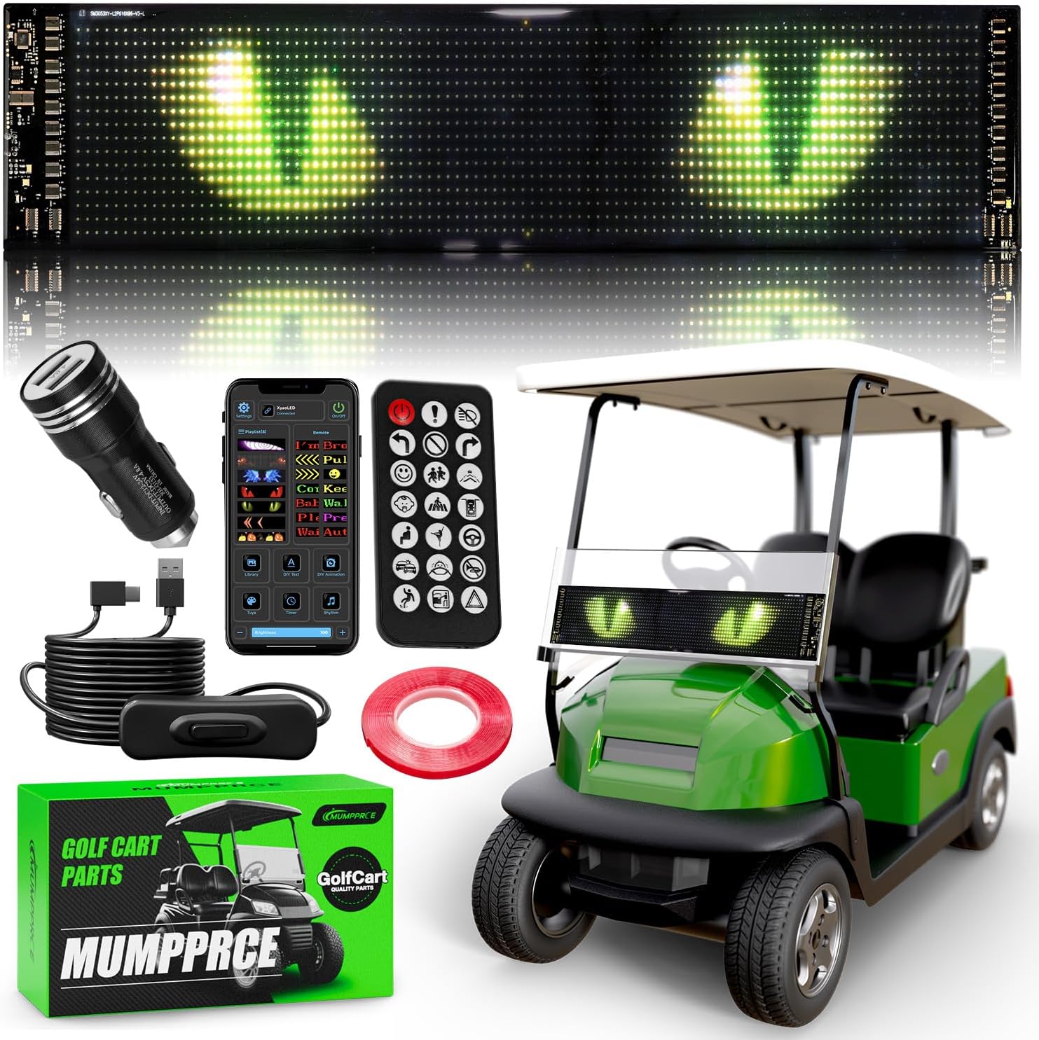 Golf Cart Devil Eyes Light Sign Screen, Programmable-Animations Flexible Screen for Golf Cart Windshield, DIY Dynamic text, graffiti, patterns With App&Remote Control, 23.4"x4.7" Windshield Decoration