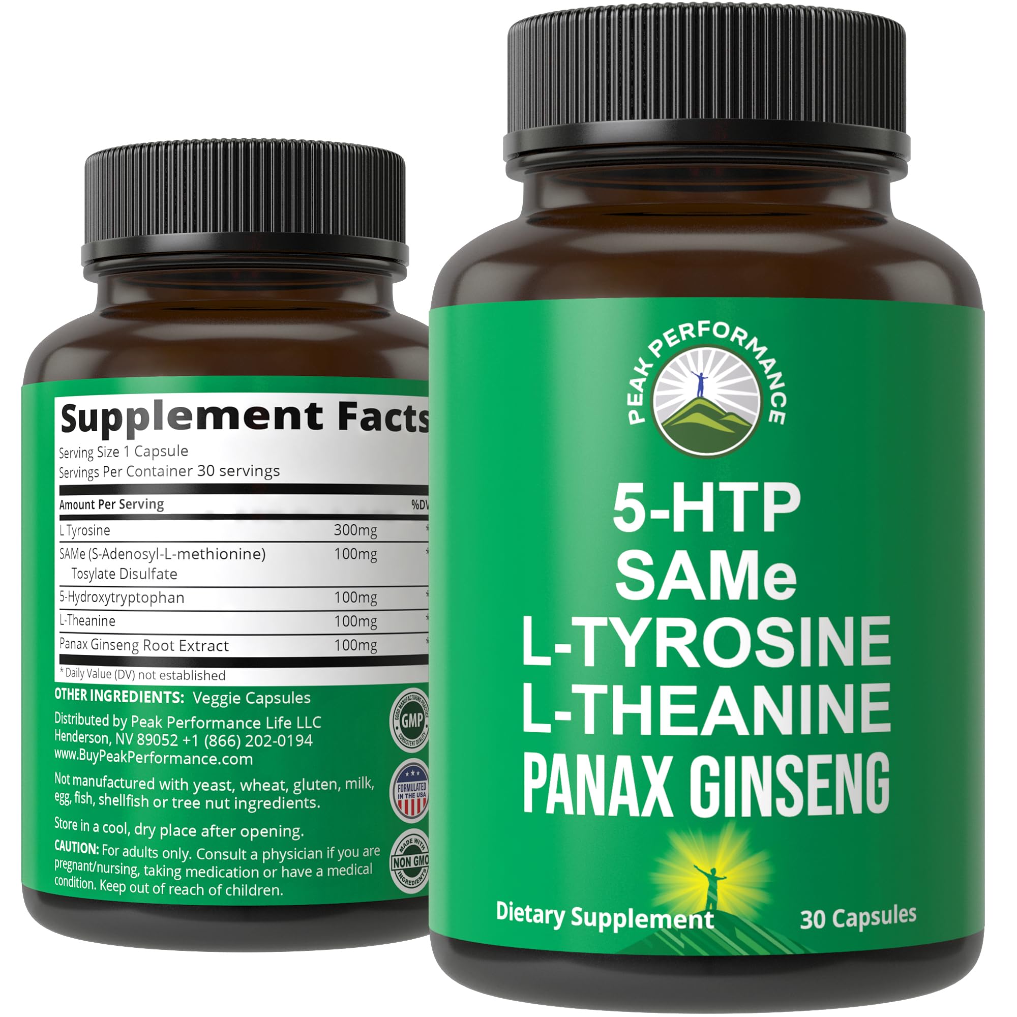 Peak Performance Mood Support Supplement with 5 Top Ingredients: 5HTP, SAM e, L Tyrosine, L Theanine, and Panax Ginseng. Calm, Focus, Relaxation Supplements. Vegan