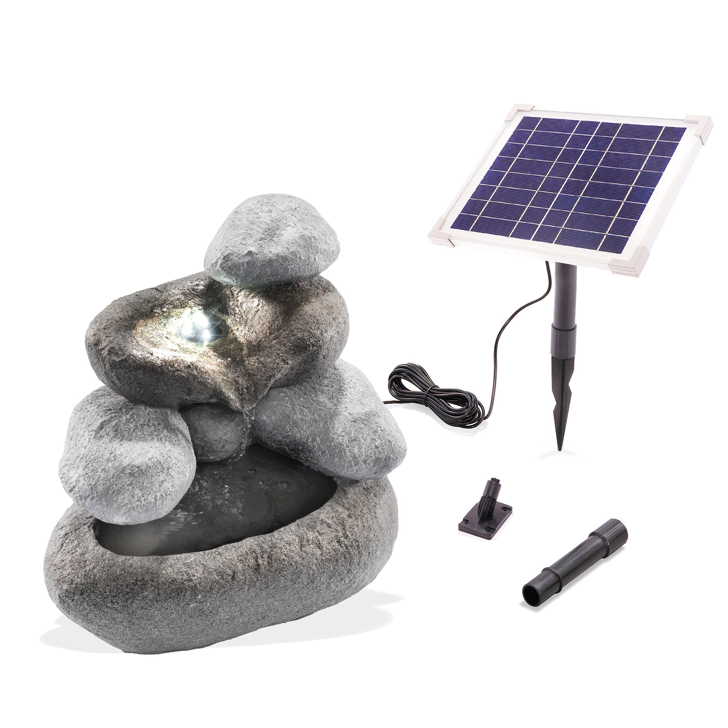 esotec Solar Felsenbrunnen mit Akku & LED, Gartenbrunnen Wasserspiel mit Solarpumpe, Zierbrunnen für Garten Balkon Terrasse, LiFePO4 Akku, grau, Höhe 35cm 101323