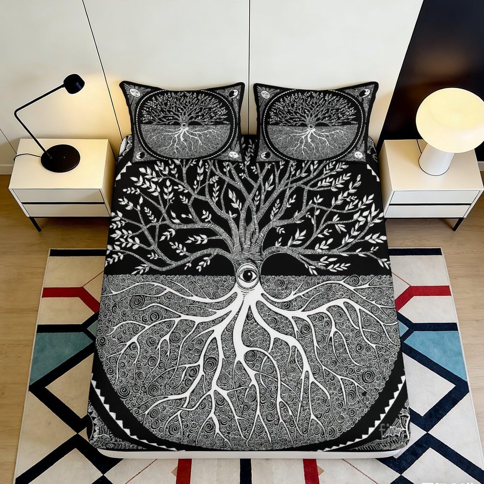 Jqzkxnhpbr Style-7 3D Printed Tree Of Life Fitted Sheet Microfiber Soft Black White Roots Mattress Cover For Bedroom Guest Room Decor 90X200x25cm