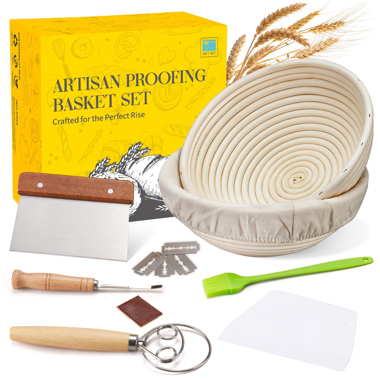 Dimpola Sourdough Baking Kit with Two 9 Inch Banneton Proofing Baskets, Dough Whisk, Bread Lame, Dough Scraper &amp; Baking Tools Set for Homemade Artisan Loaves