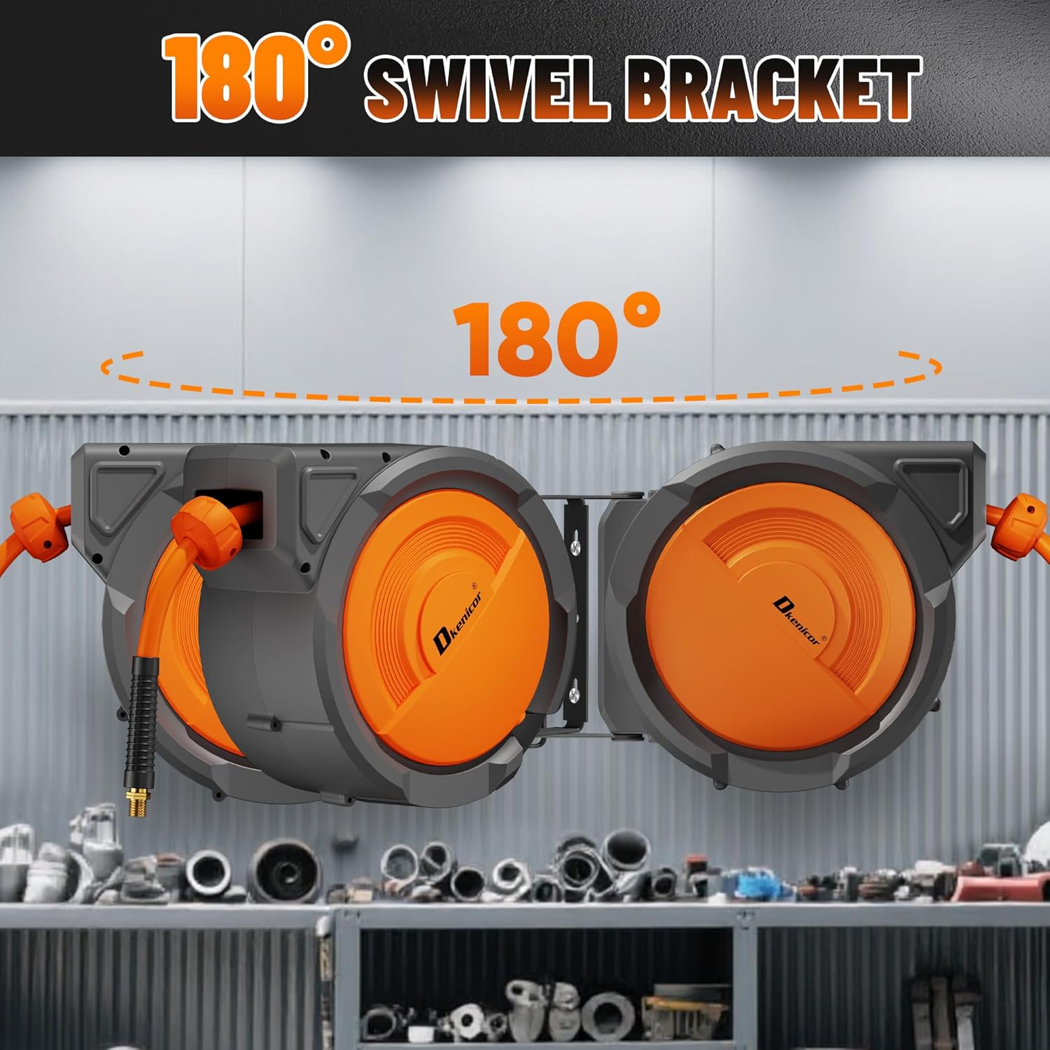 Retractable Air Hose Reel, 3/8" x 80ft Hybrid Hose, Auto Rewind Enclosed Air Compressor Hose Reel with 180° Swivel Bracket, Max 300 PSI Any Length Lock for Garage & Workshop