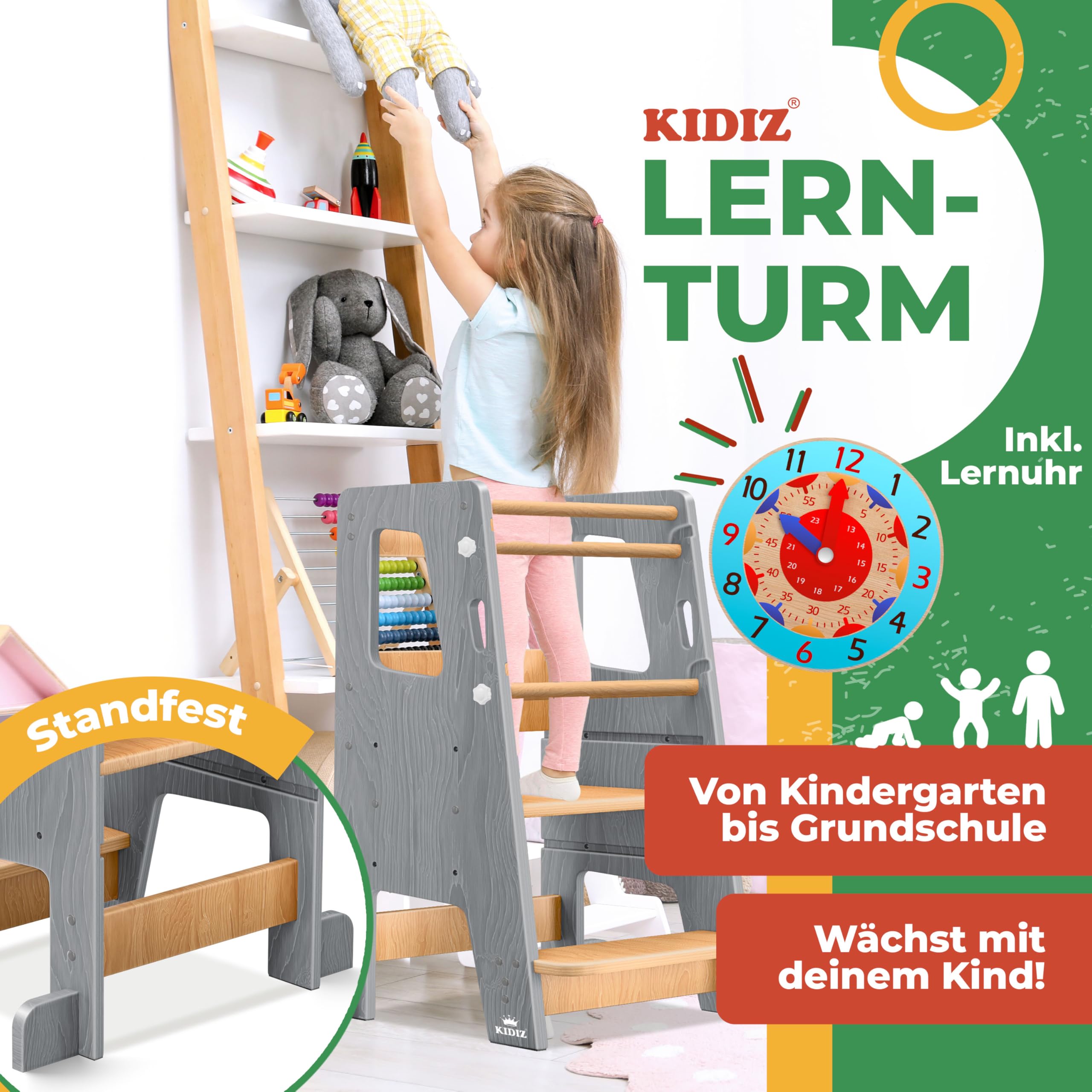KIDIZ® Tour d'apprentissage pour enfants à partir de 1 an avec horloge d'apprentissage | Marchepied réglable en hauteur sur 3 niveaux en bois de pin | Favorise la motricité ludique et la tour