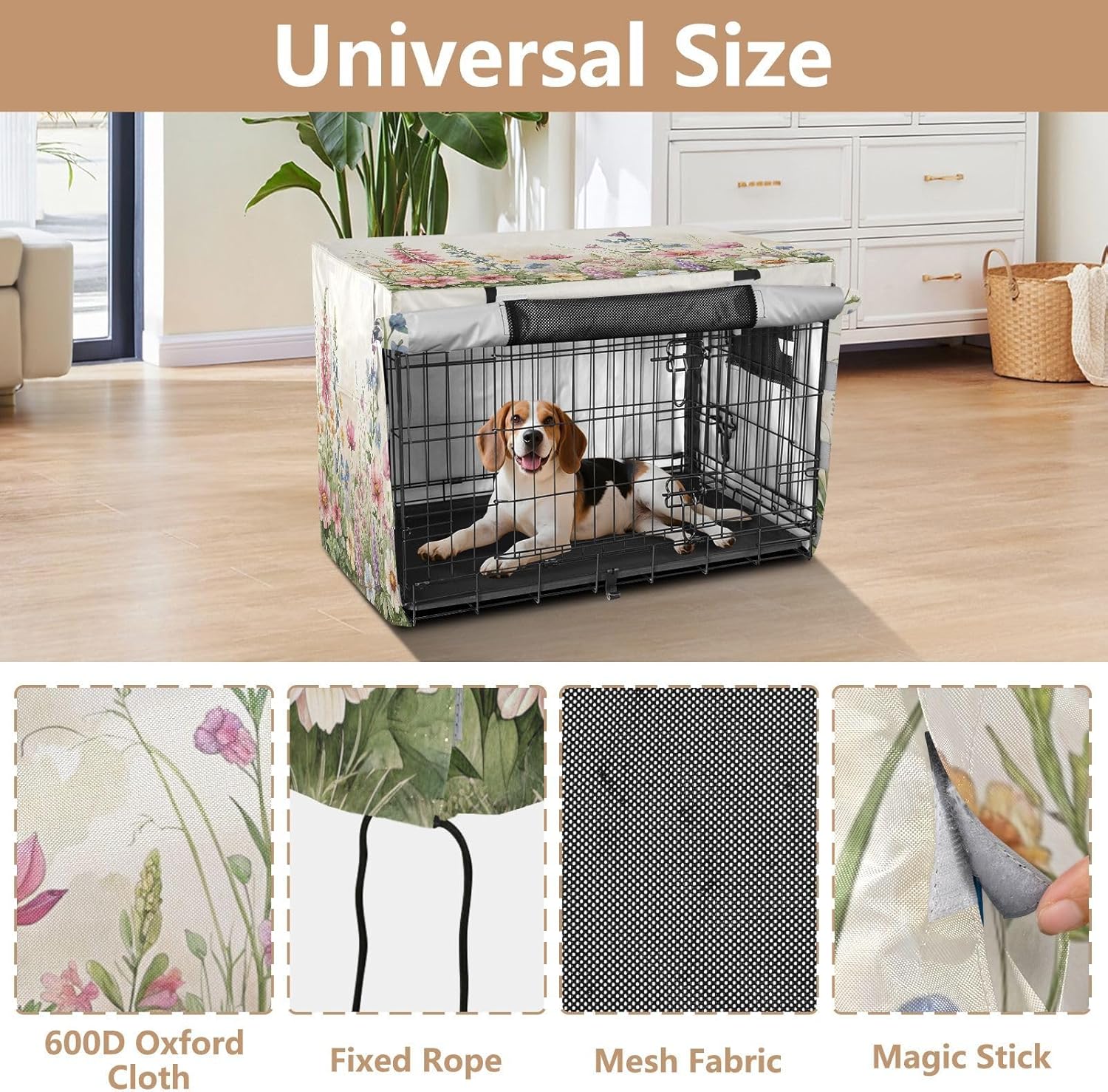 Vivid Herbs Wildflowers Dog Crate Cover 600D Oxford Pet Kennel Cover with Mesh Window for Dog Cages, Windproof Waterproof Machine Washable, 48"x30"x33"