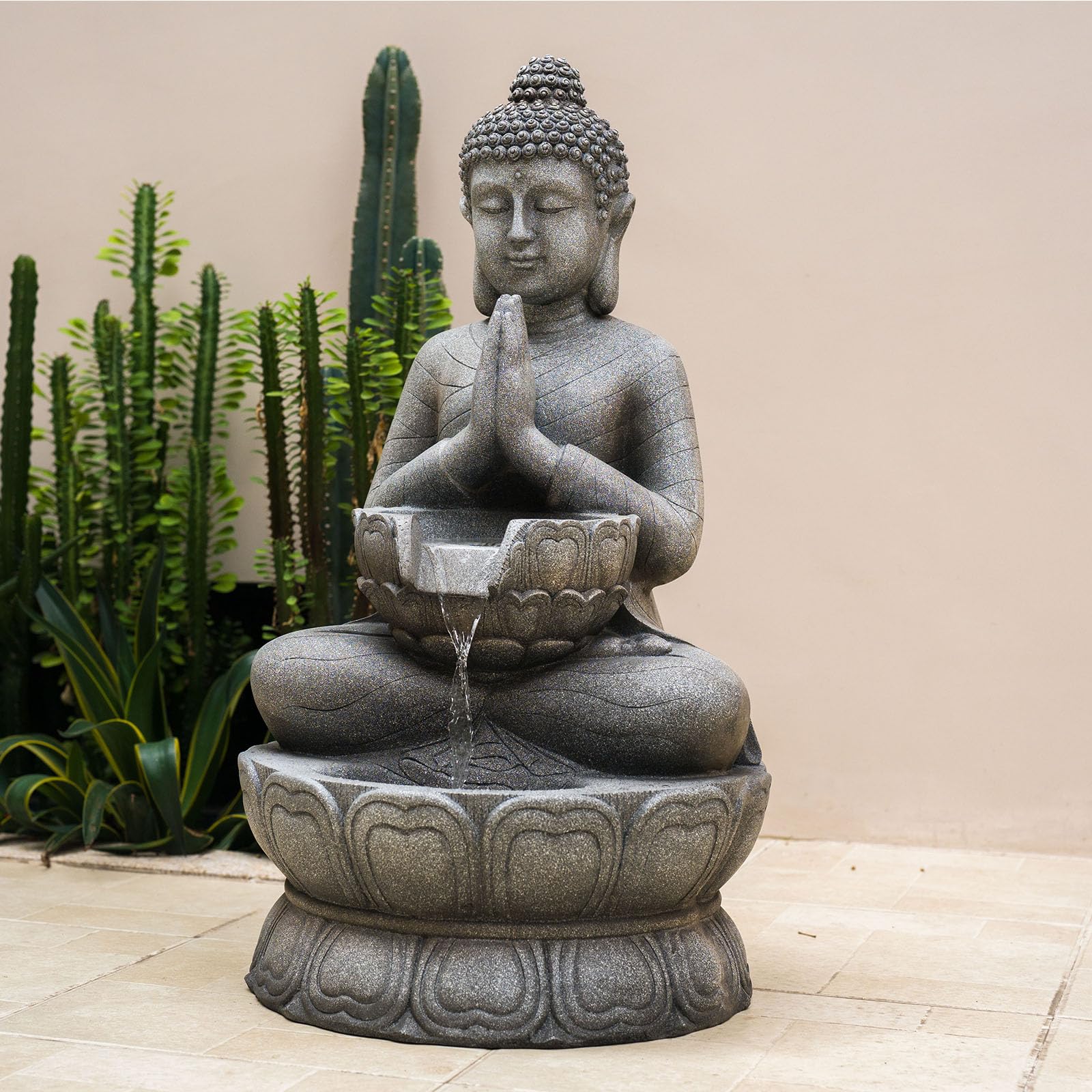 Buddha Freestanding Outdoor Water Fountain, Resin &amp; LED, 32.7 in