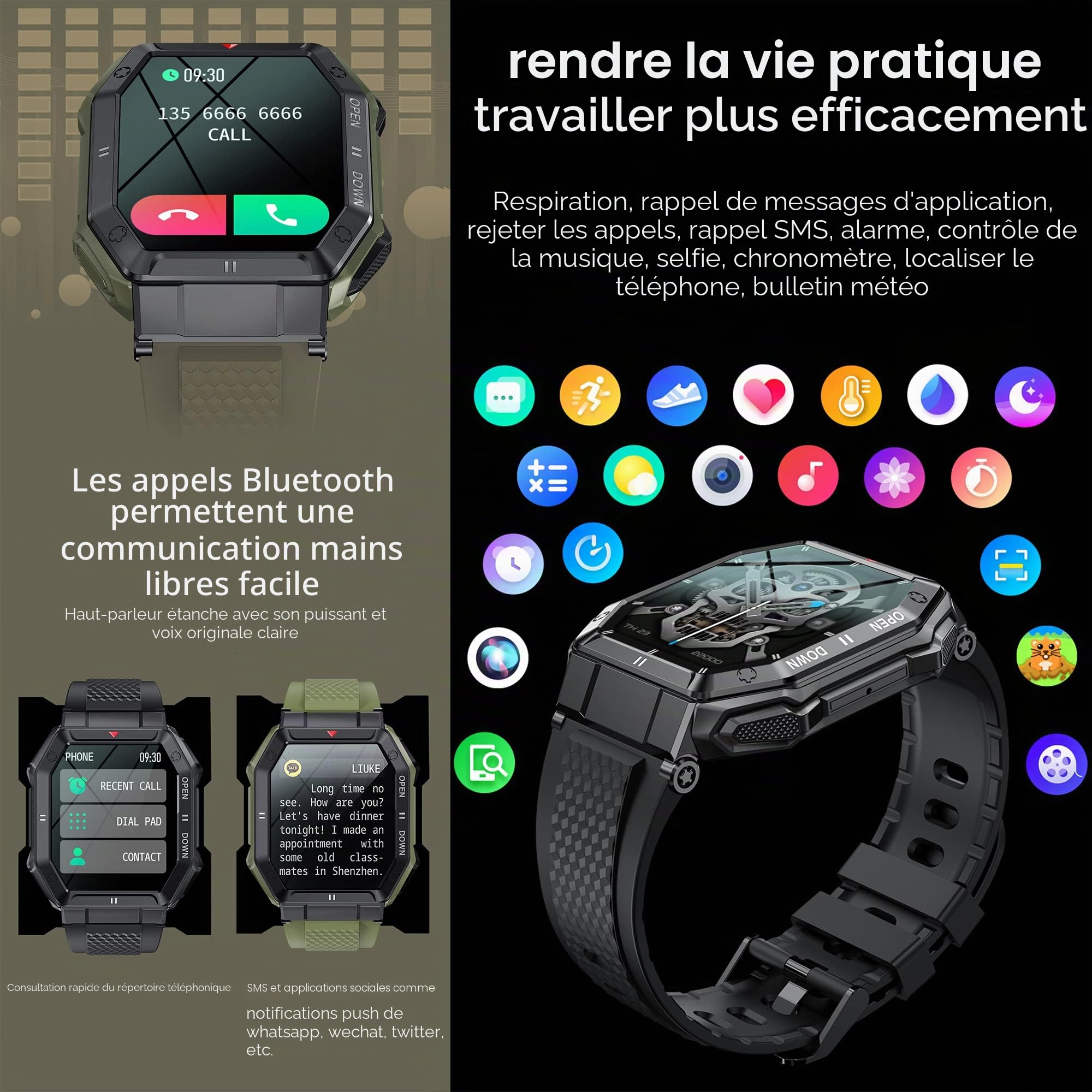 Montre Connectée Homme Appel Bluetooth, 1.85'' IP69K Étanche Montre Intelligente Militaire Smartwatch avec 24 Modes Sport, Moniteur Fréquence Cardiaque, Tensiomètre, SpO2, pour Android iOS Noir