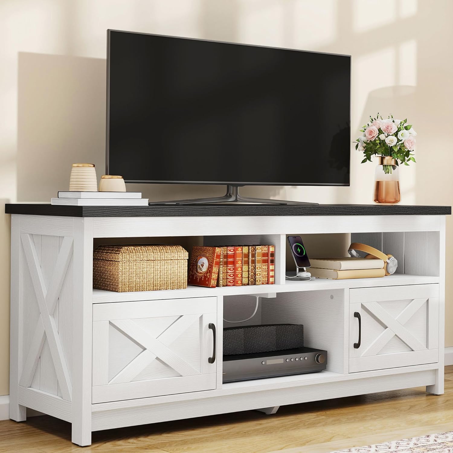 DWVO TV Stand for 65 inch TV, Farmhouse Entertainment Center with Power Outlets & Storage Cabinets, Mid Century Modern Media Console Table for Living Room, Black & White