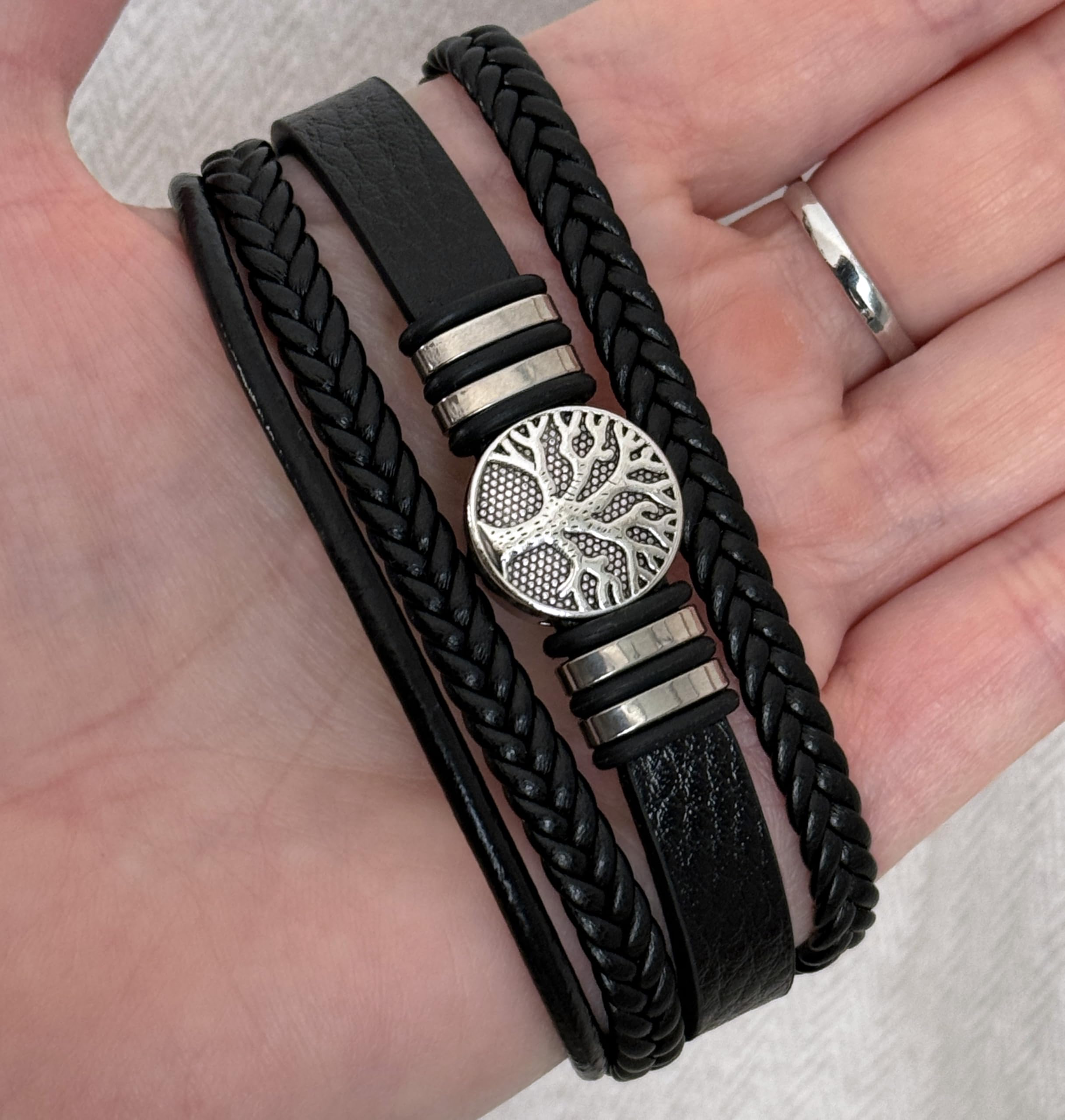 Simboliks Pulsera Árbol de la Vida para Hombre, Amuleto Celta de Protección en Cuero y Acero Inoxidable, Pulsera Celta, Joyería Masculina, Regalo para Hombre Druida, Pulsera Unisex, 21 cm