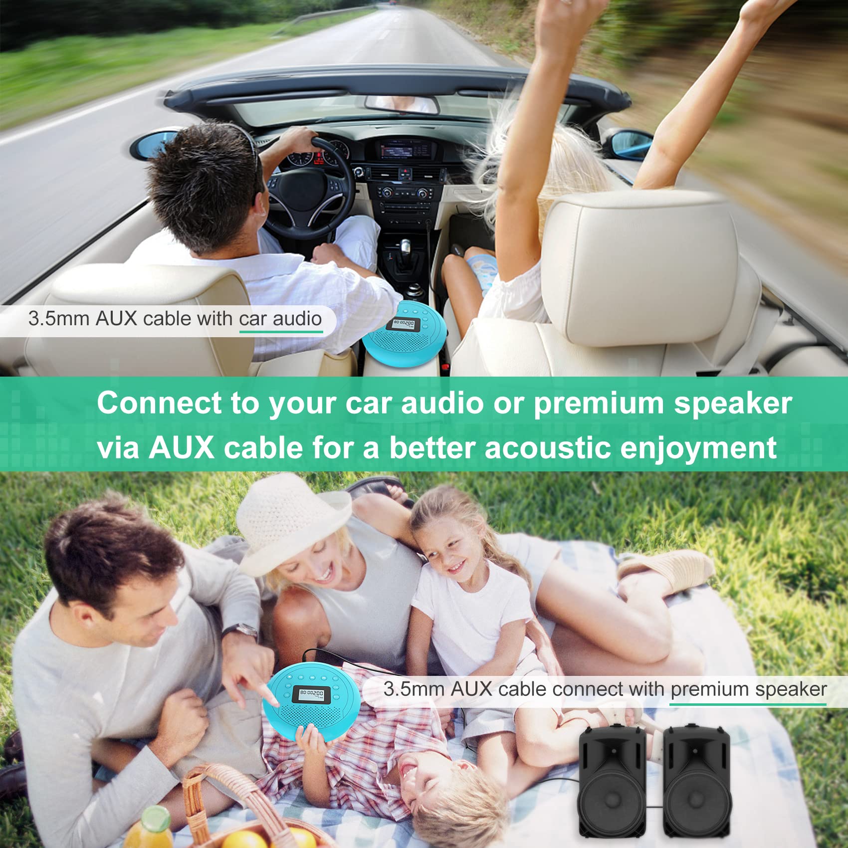 Tragbarer Klein CD Player mit Lautsprecher für Auto Hörbücher Musikhören | Anti-Skip, 1400mAh Akku für 10 Stunden Spielzeit, Unterstützung der TF Card