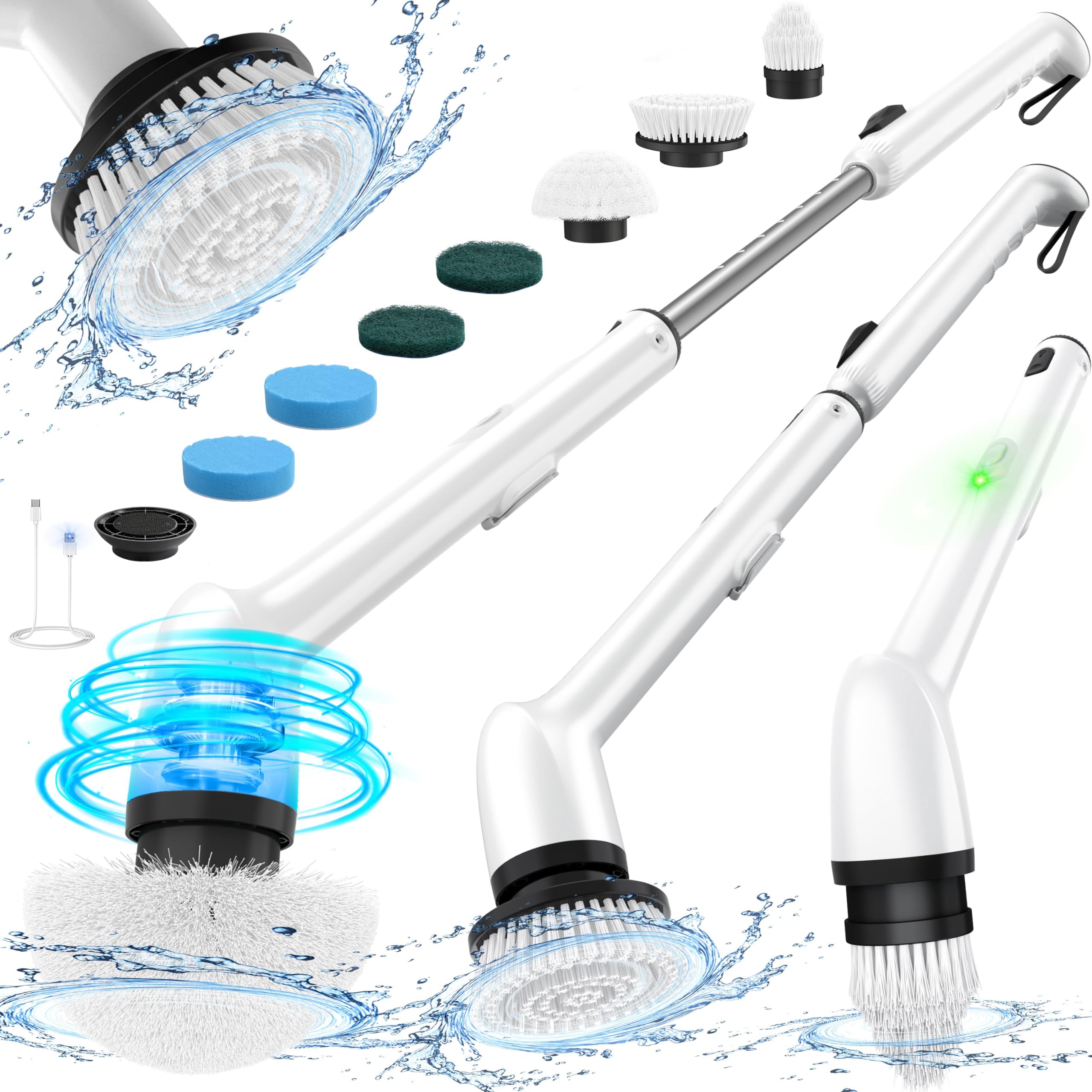 Electric Spin Scrubber, New Full-Body IPX7 Waterproof Bathroom Cleaner Brush, Shower Scrubber with Long Handle & 2 Speed, Heads Replacement, Cleaning Supplies for Tub Shower Tile Floor