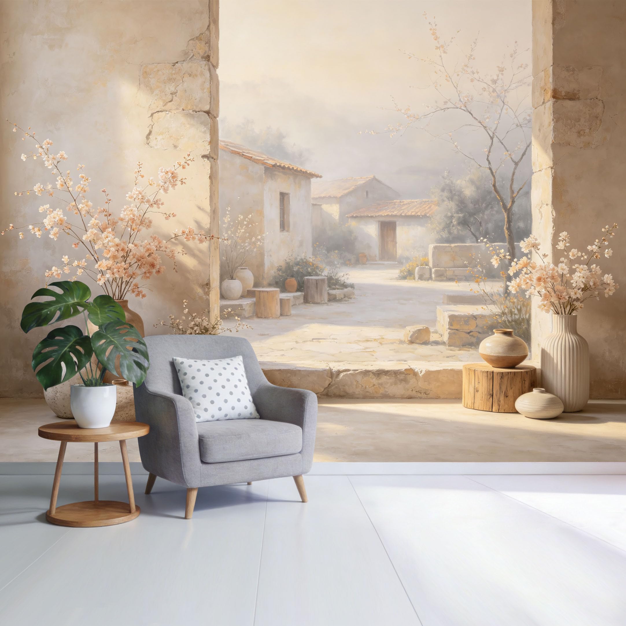 Custom Size Wall Mural Mediterranean Farmhouse Courtyard Landscape Rustic Ceramic Vase Still Life Watercolor Style SelfAdhesive Wall Fabric Removable Wallpaper for Home Office Decor
